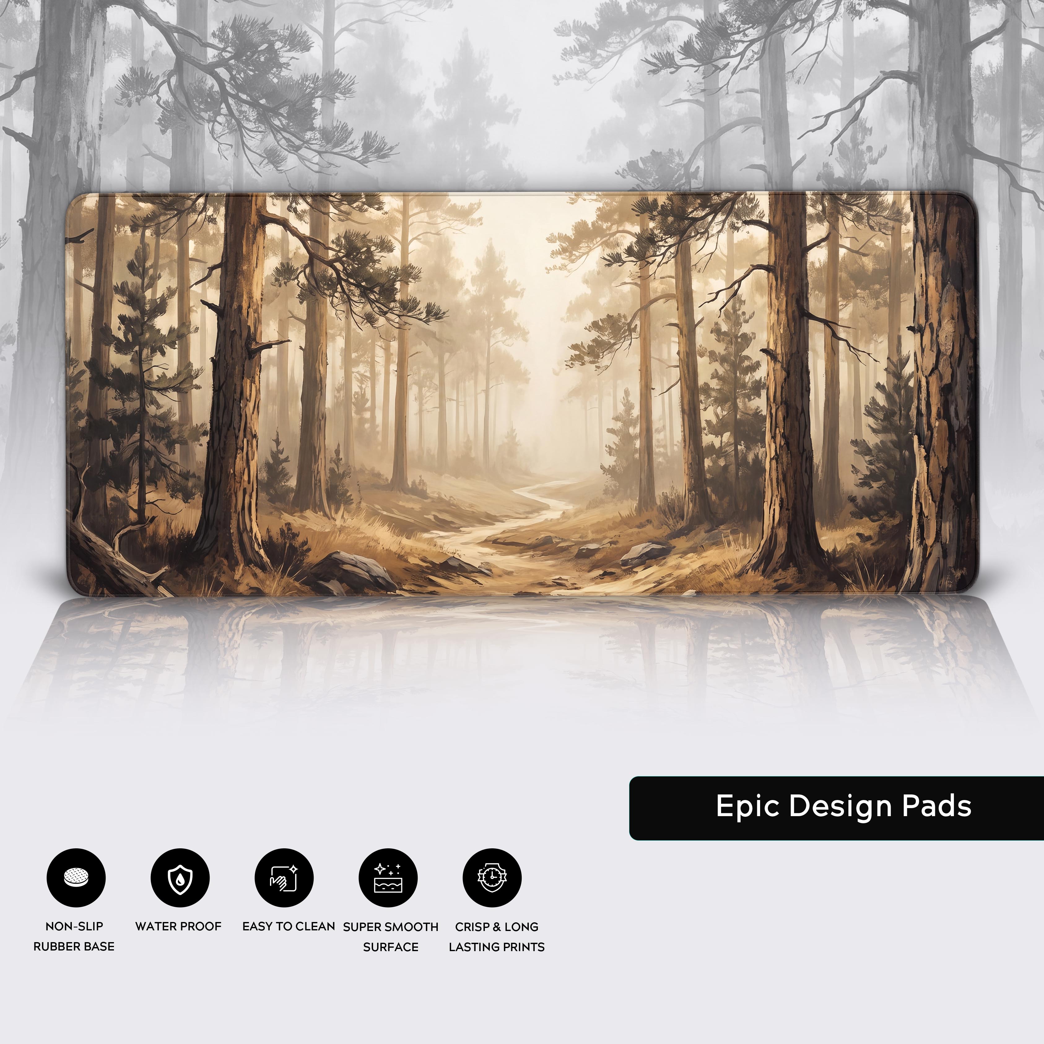 Earthy brown and beige landscape art on a large gaming mouse pad.
