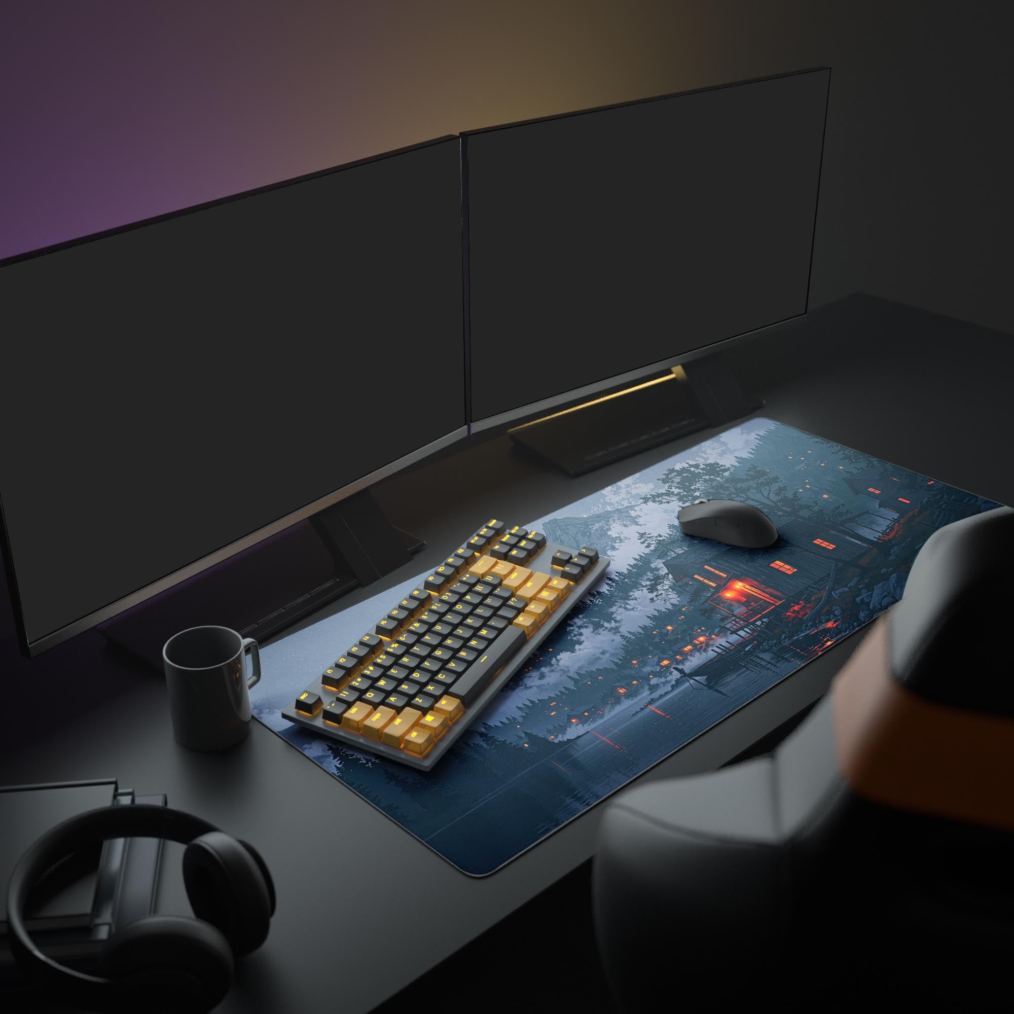 Large Misty Hamlet gaming desk mat with serene lake scene – shown in cozy desk setup with monitor and accessories. - Epic Design Pads