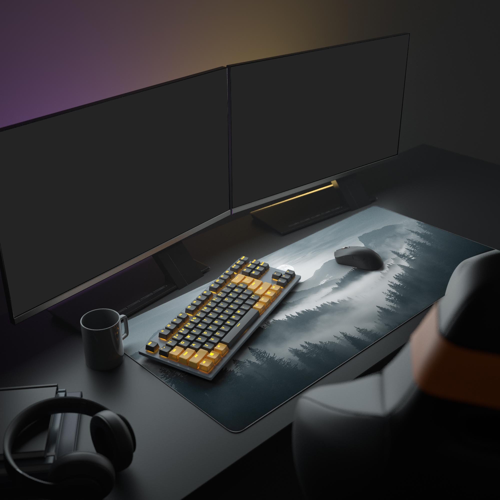 Large Misty Mountains gaming desk mat in a full desk setup with dual monitors, a mechanical keyboard, and headphones, creating a minimalist aesthetic. - Epic Design Pads