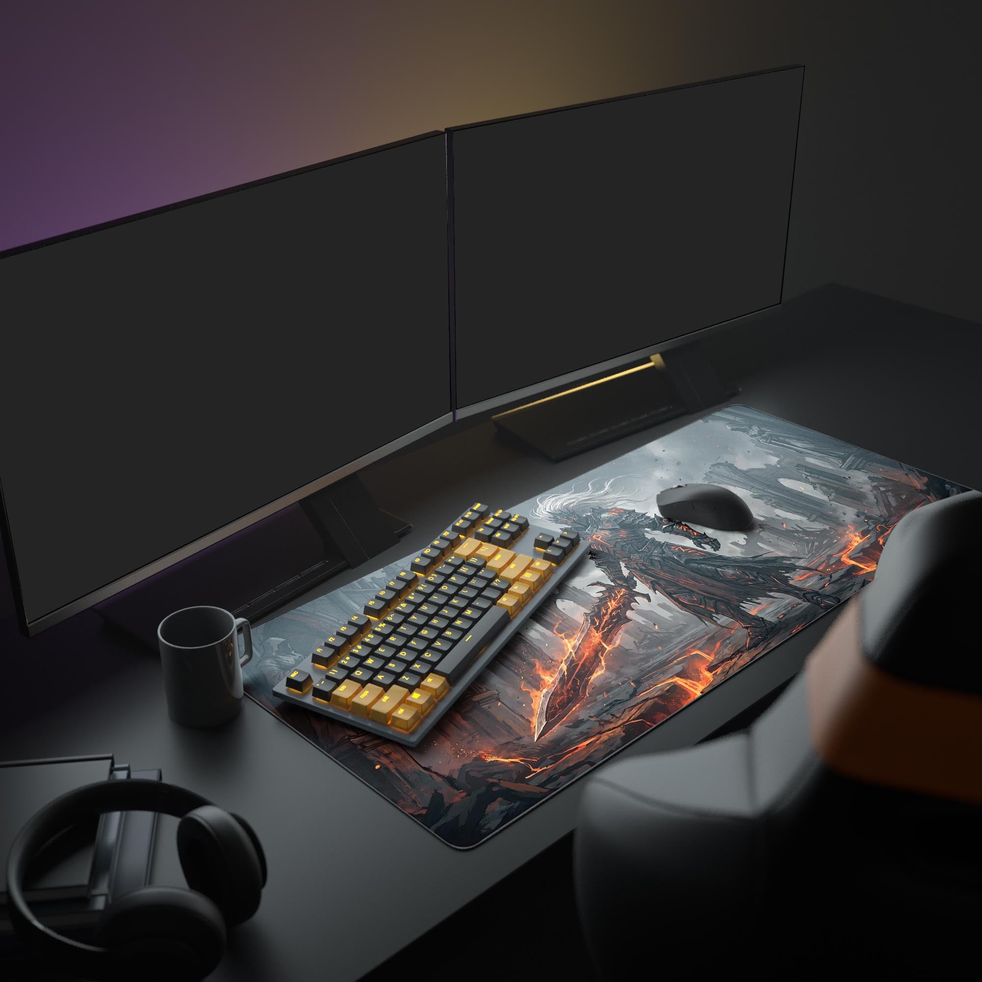 Close-up of the fiery orange glowing sword and intricate dark armor on the smooth desk mat surface.