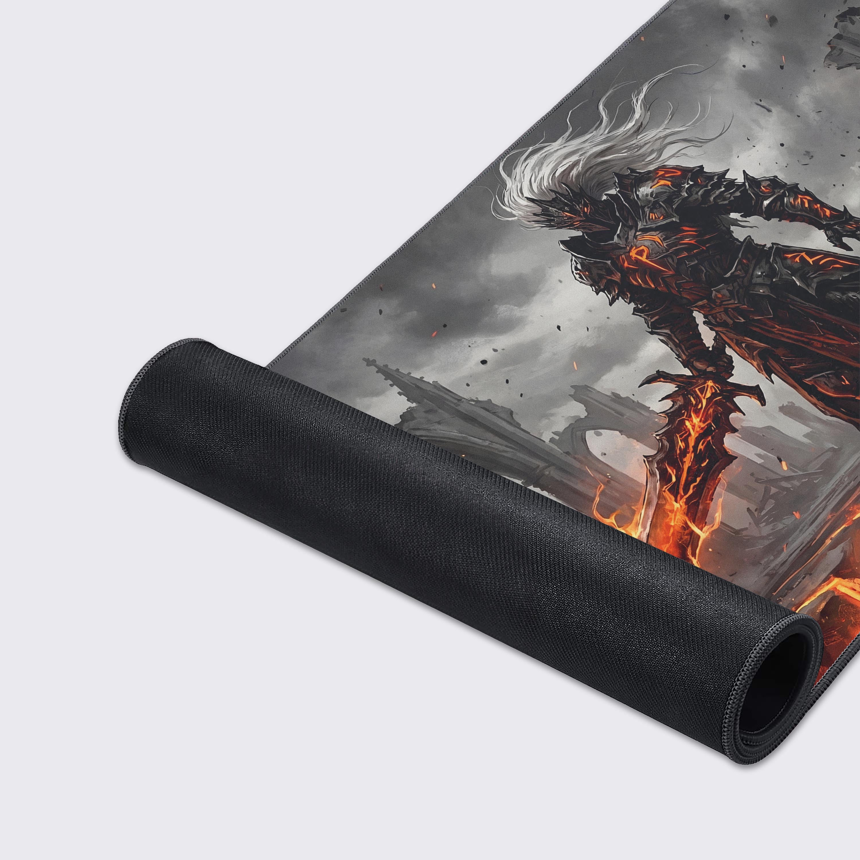 The Molten Knight gaming mouse pad displayed on a desk, highlighting its non-slip rubber base and waterproof design features.