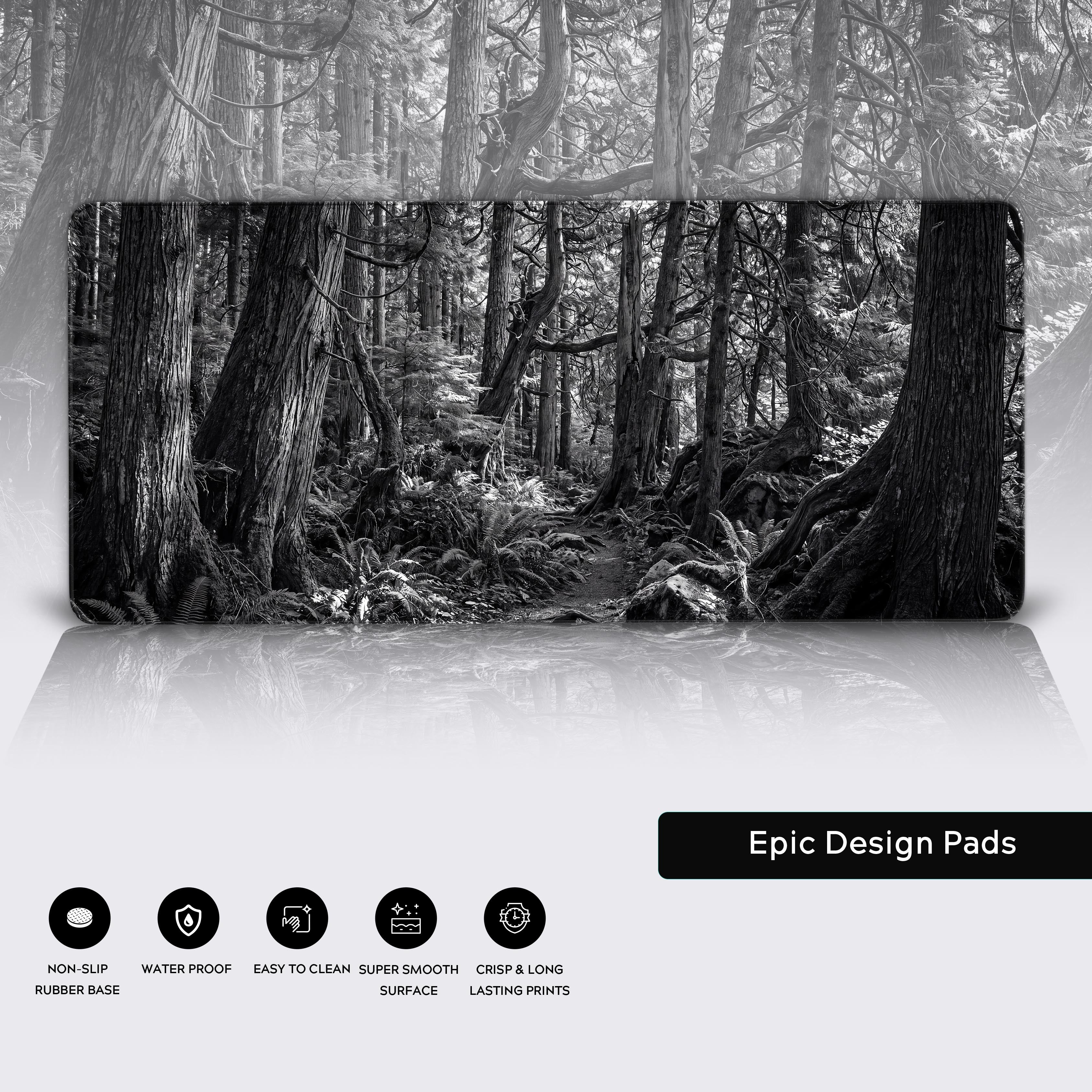 Anti-slip rubber base and edge-to-edge monochrome woods design details showing quality and durability