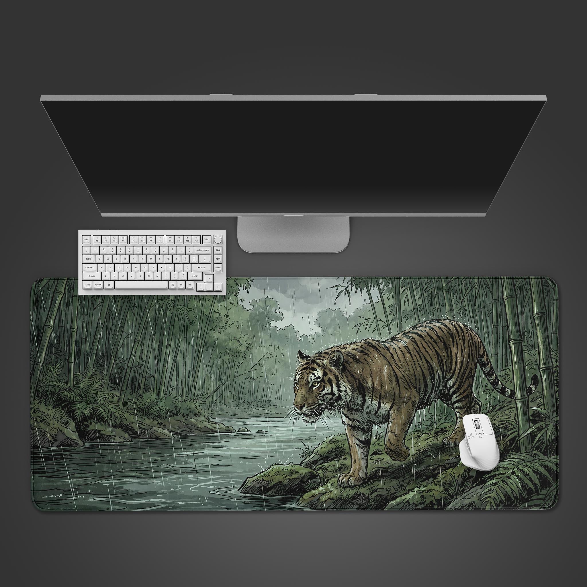 Large gaming desk mat featuring a realistic tiger walking through a rainy bamboo forest