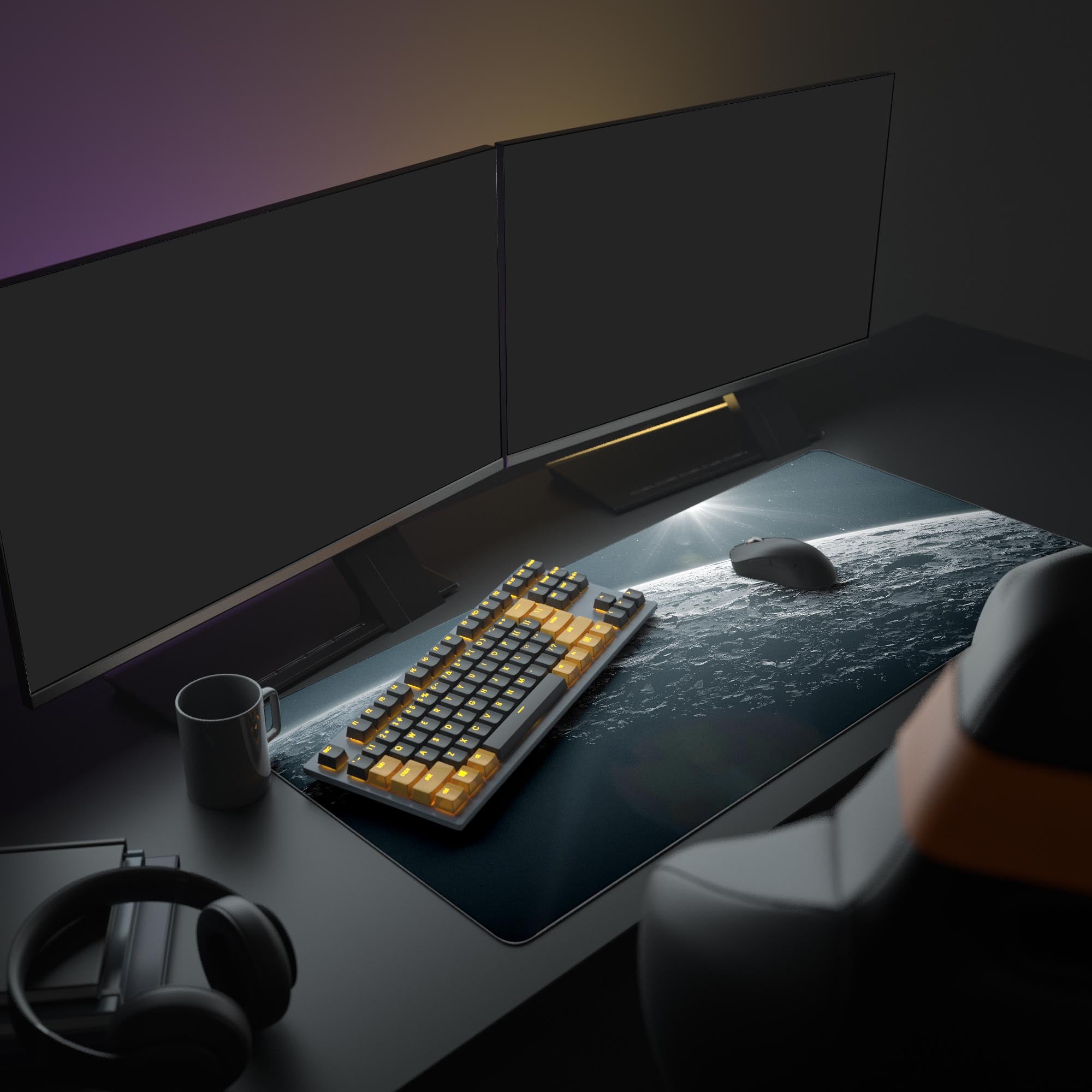 Large Moon Surface desk mat in a minimalist desk setup with dual monitors, a mechanical keyboard, and headphones. - Epic Design Pads & Mousepads
