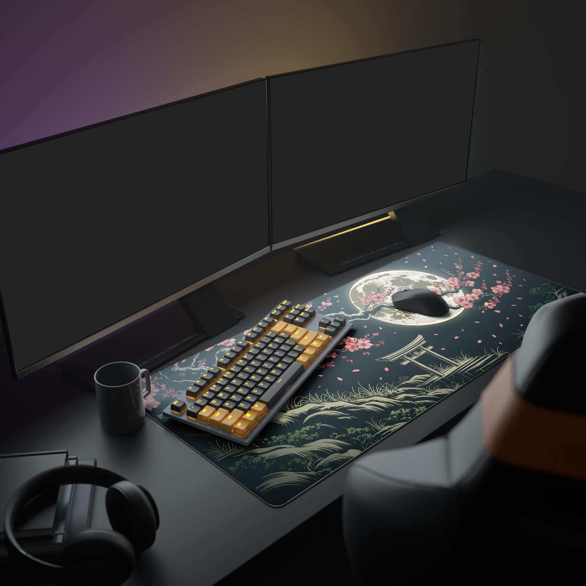Large desk mat featuring cherry blossoms and torii gate – shown in a serene workspace setup. - Epic Design Pads