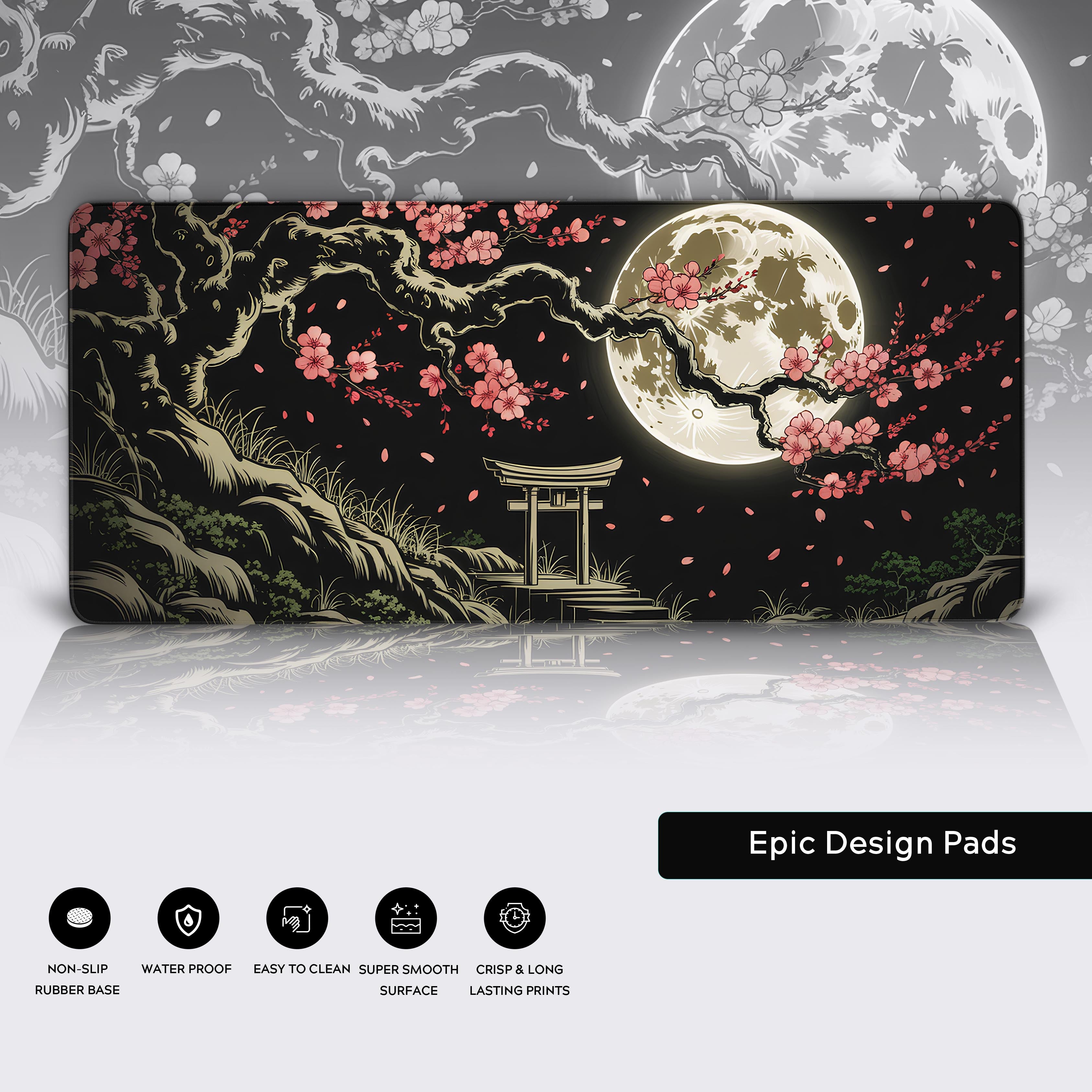 Artistic desk mat with cherry blossom and full moon – water-resistant surface with non-slip base. - Epic Design Pads