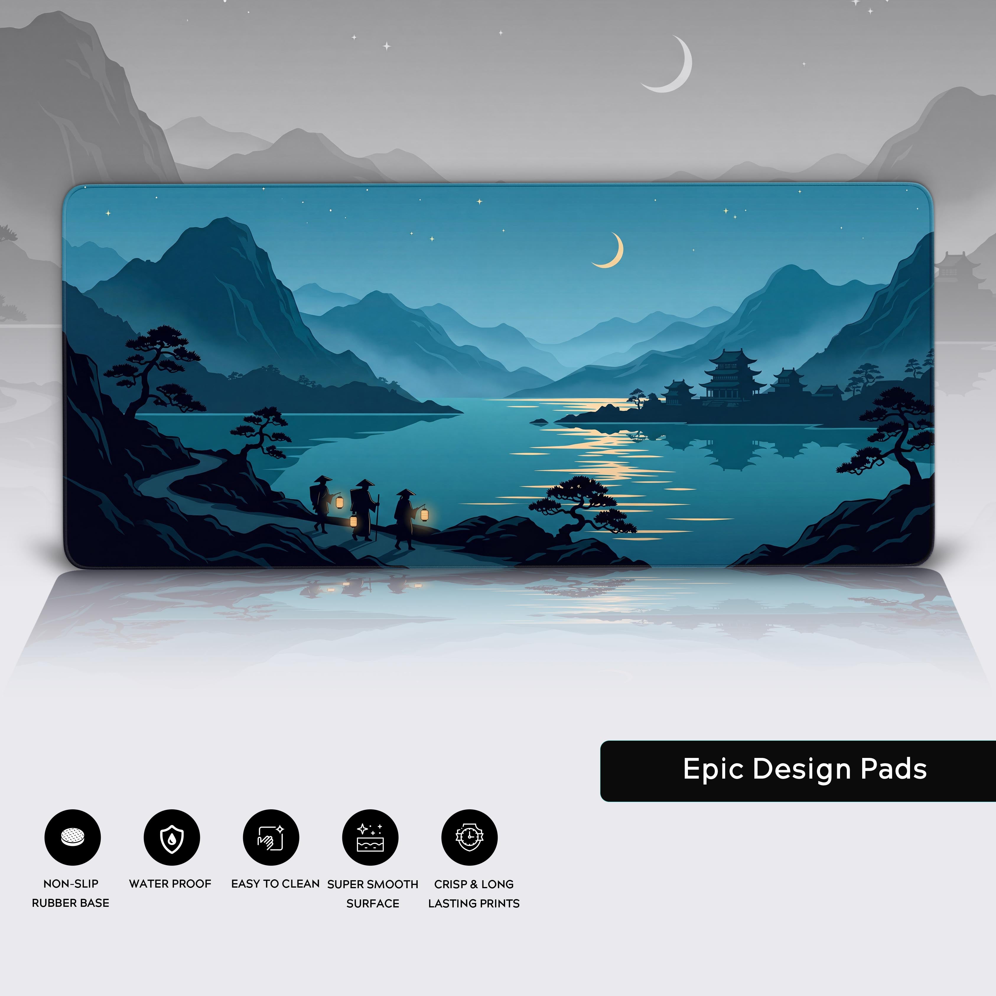 Icon graphic highlighting the desk mat's features: non-slip rubber base, waterproof, easy to clean, and smooth surface.