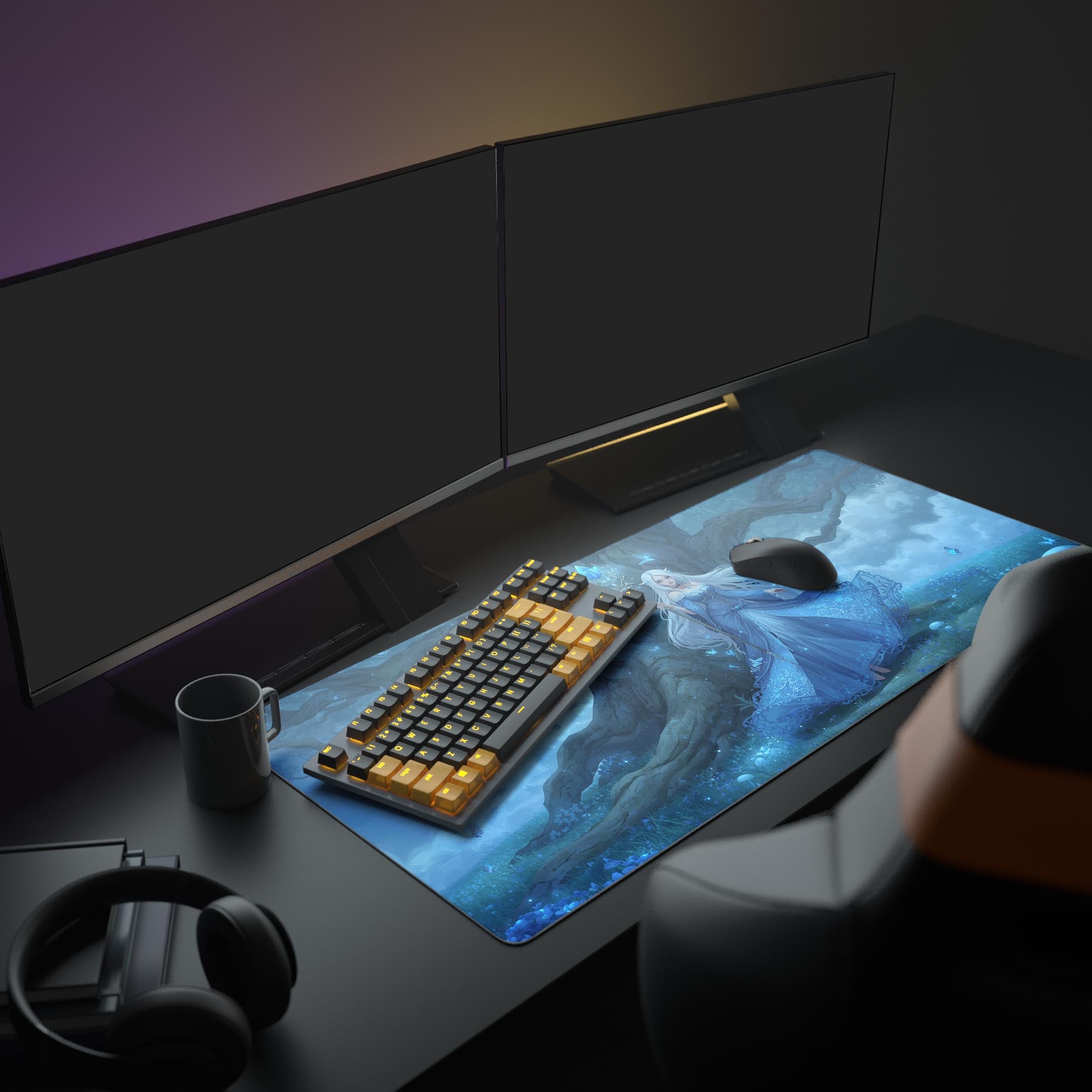 Large gaming mousepad with Moonlit Sorceress design in a full desk setup with dual monitors, mechanical keyboard, and headphones. - Epic Design Pads
