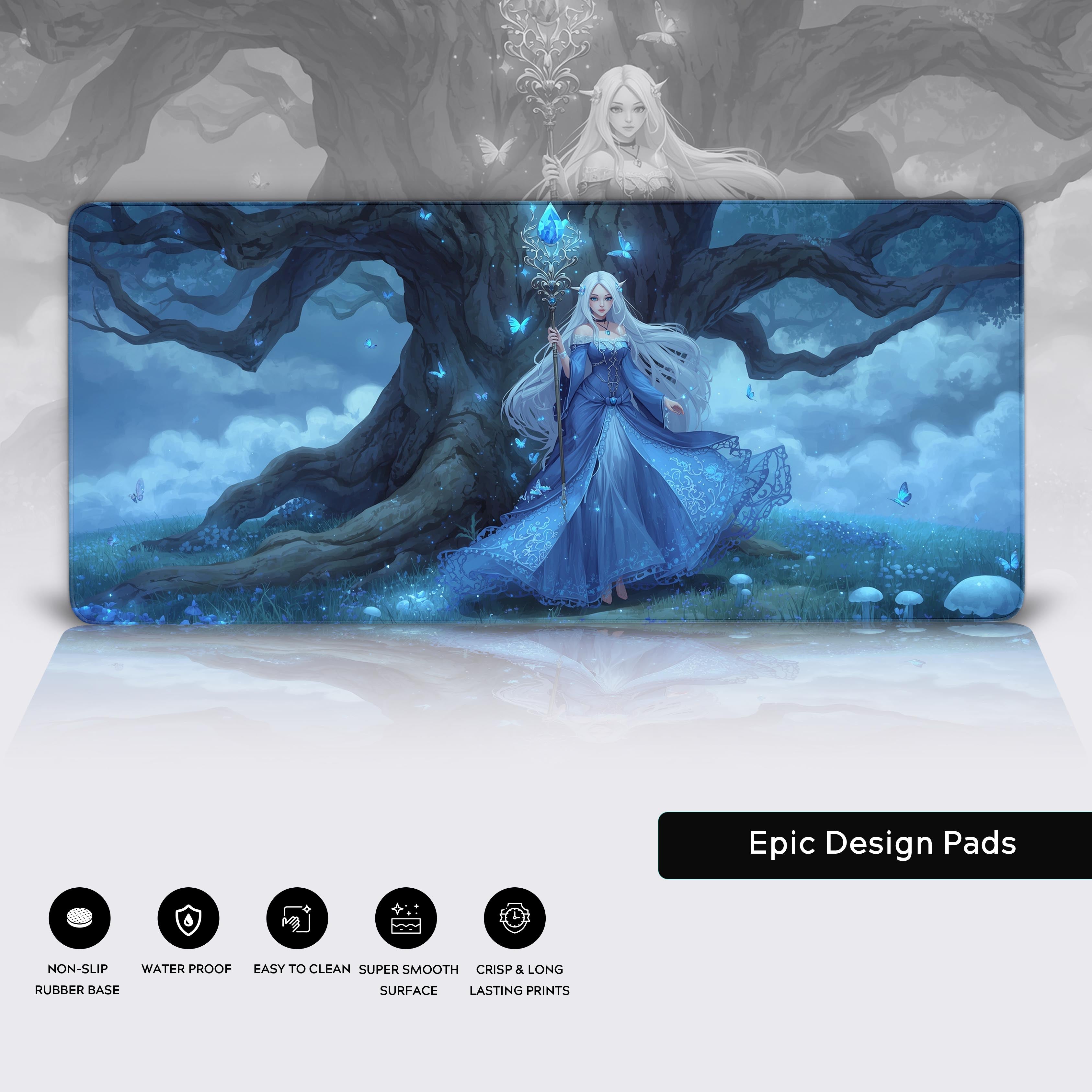 Close-up of the Moonlit Sorceress fantasy desk mat showcasing the high-quality stitched edges and non-slip rubber base for stability. - Epic Design Pads