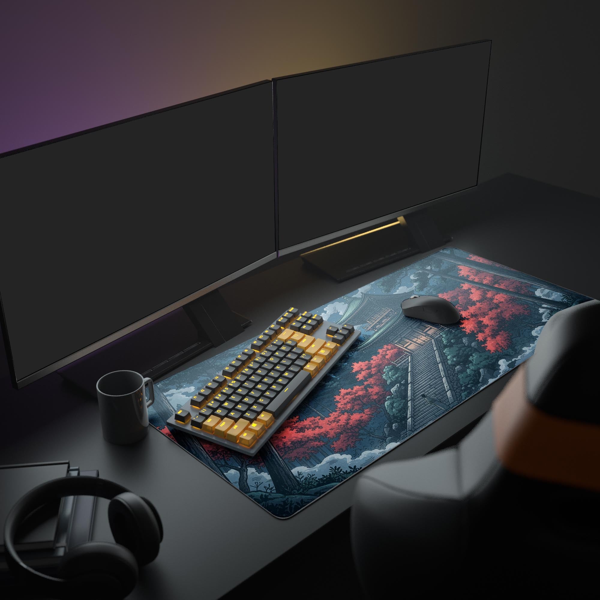 Large Moonlit Temple Japanese desk mat featured in a gaming setup with dual monitors and RGB lighting, creating a zen aesthetic. - Epic Design Pads & Mousepads