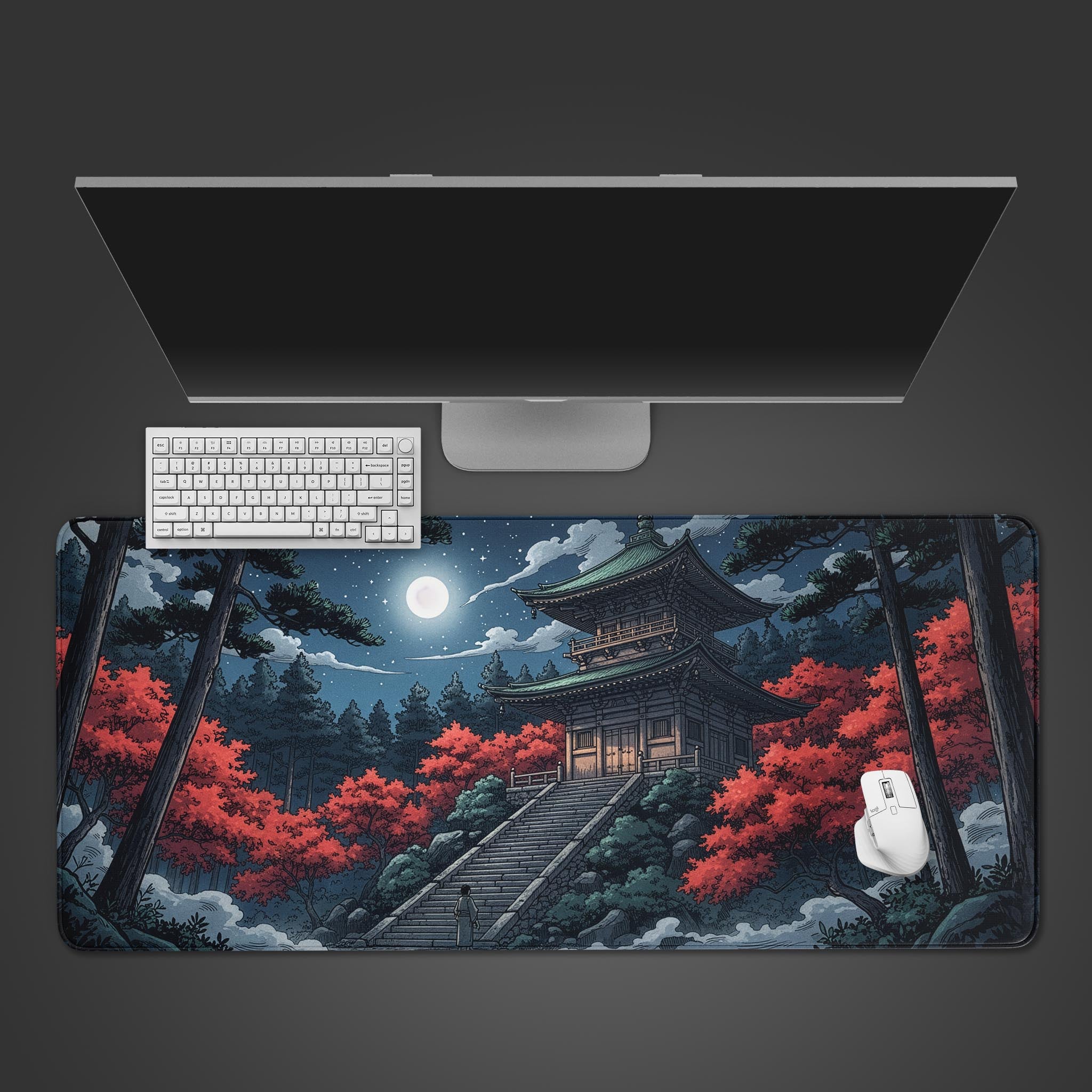 Moonlit Temple Japanese desk mat shown in a top-down desktop view with a keyboard and mouse, highlighting the serene manga-style artwork. - Epic Design Pads & Mousepads