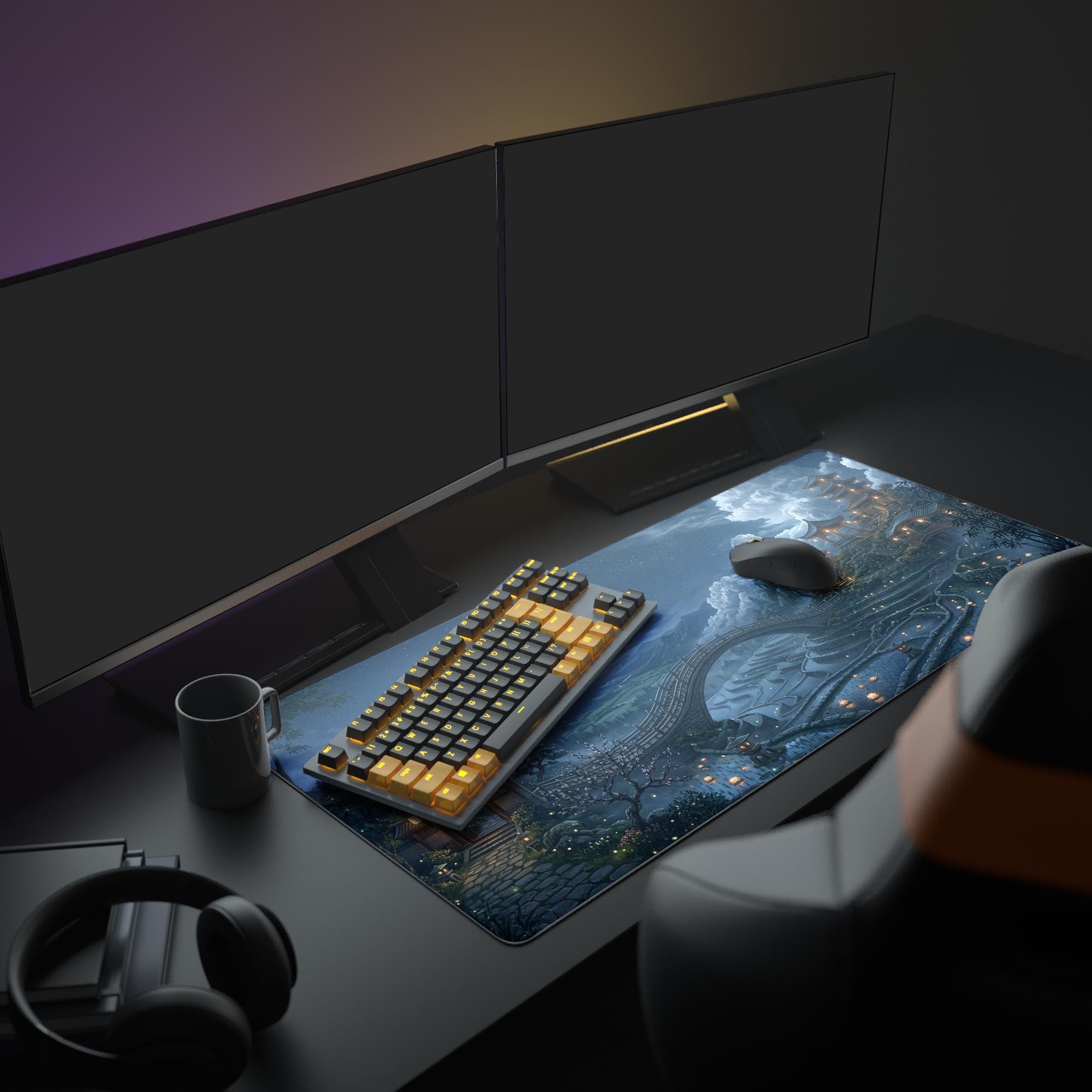 A complete PC setup featuring the Moonlit Terraces XL mouse pad, which displays a tranquil Japanese landscape beneath a glowing monitor and gaming peripherals. - Epic Design Pads & Mousepads