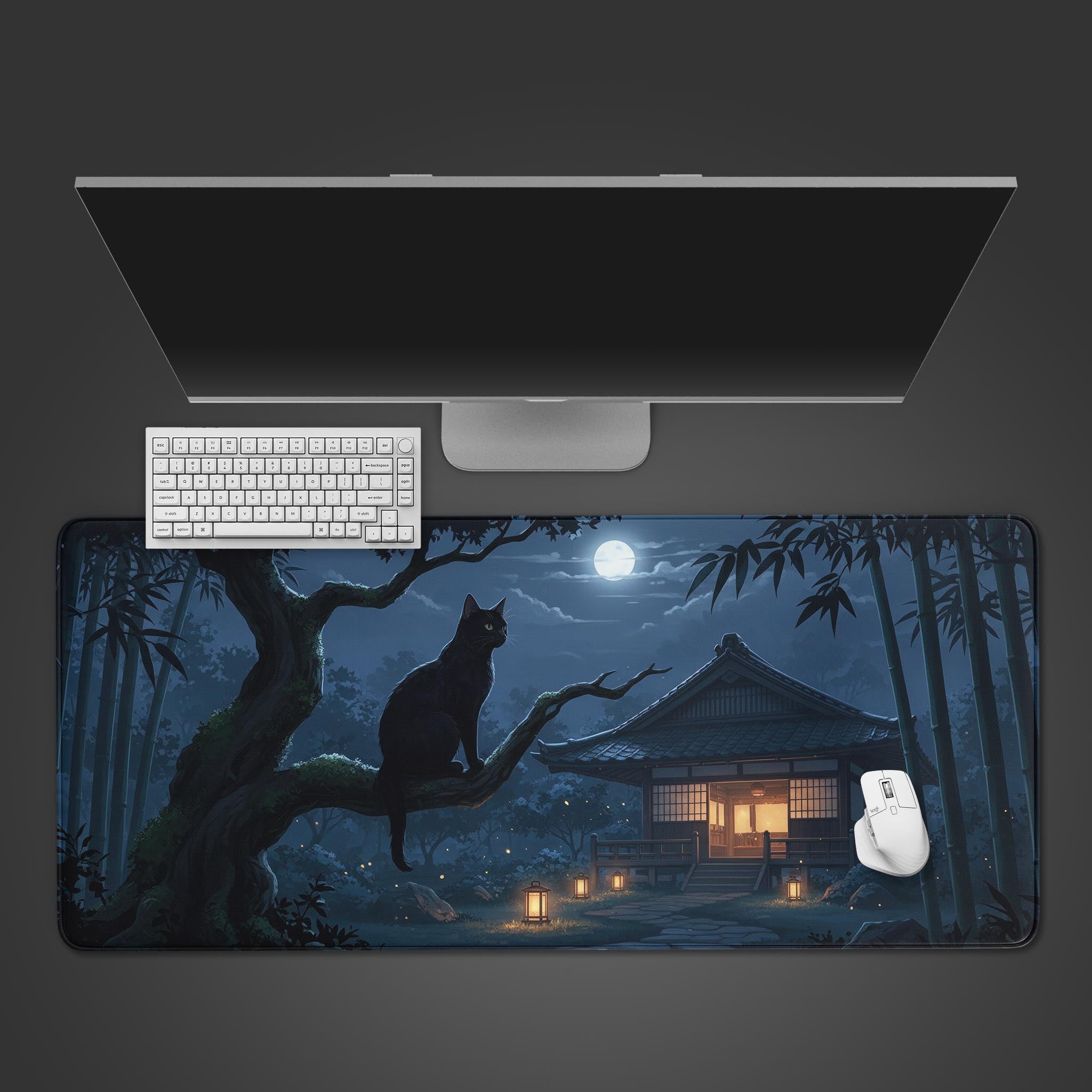 Moonlit Watcher anime desk mat with a black cat in a Japanese forest – top-down desktop view with a gaming keyboard and mouse. - Epic Design Pads & Mousepads