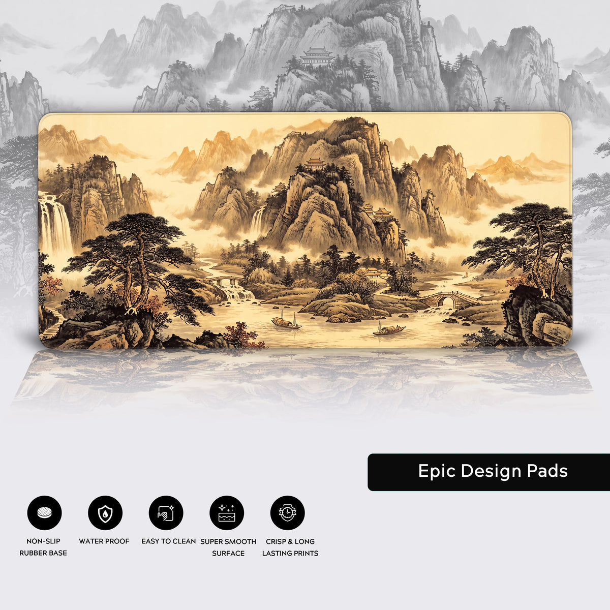 Golden sepia desk mat showcasing traditional boats navigating a calm winding river