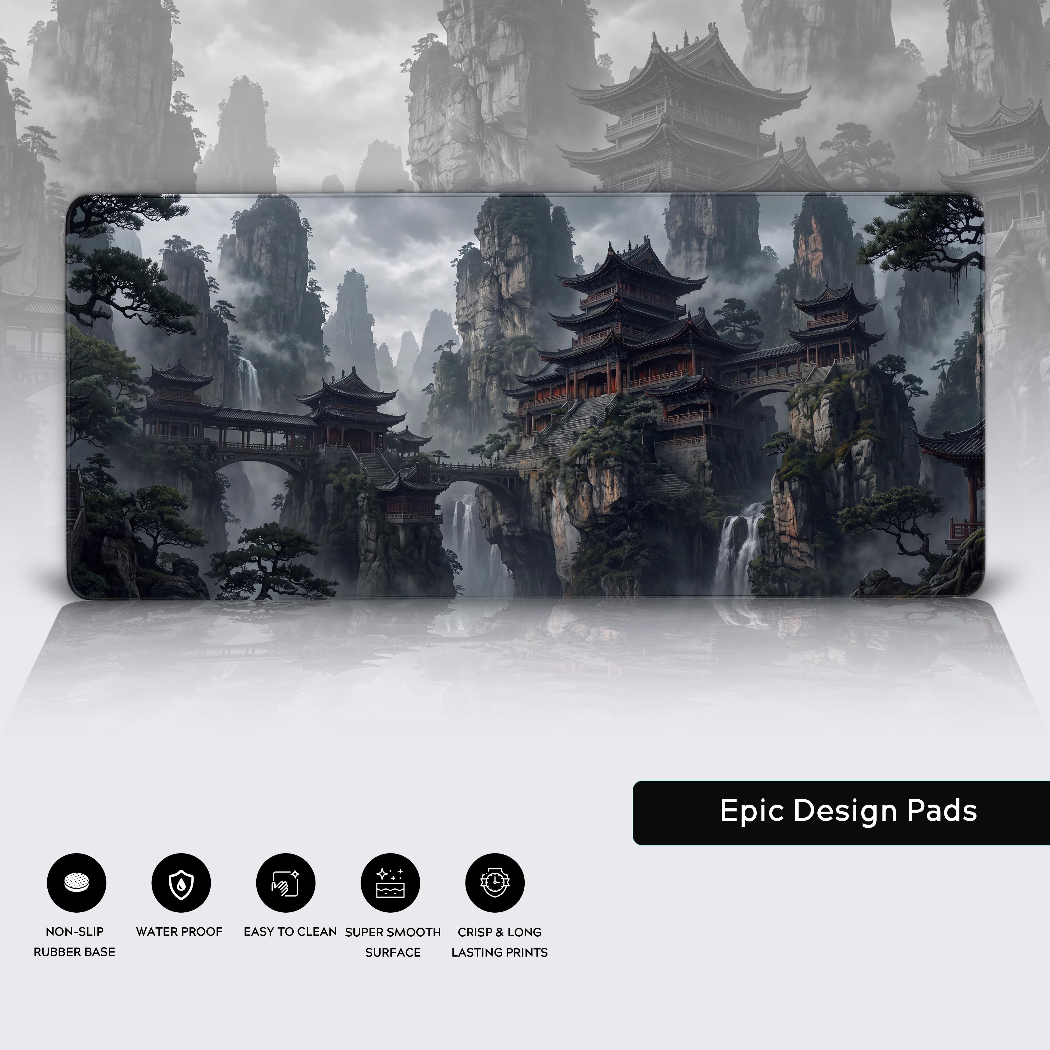 Flat view of the full panoramic desk mat artwork featuring towering mist-shrouded peaks and hanging pine trees.