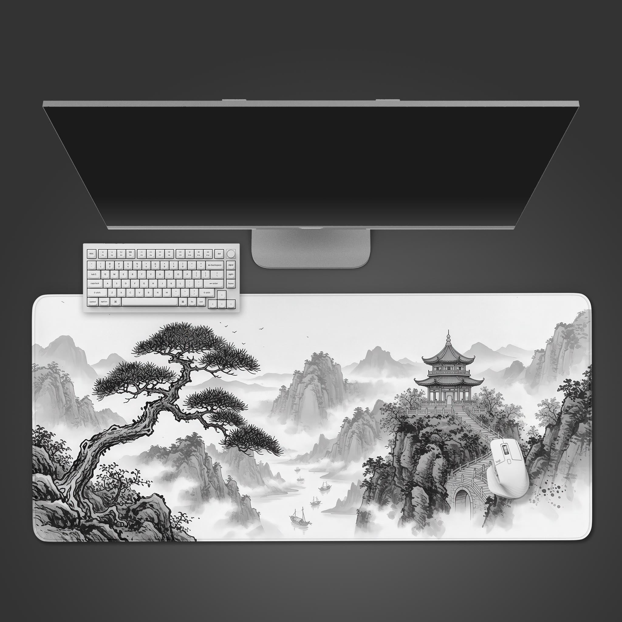 Mountain Pagoda desk mat with Japanese ink wash art – top-down desktop view with a keyboard and mouse. - Epic Design Pads