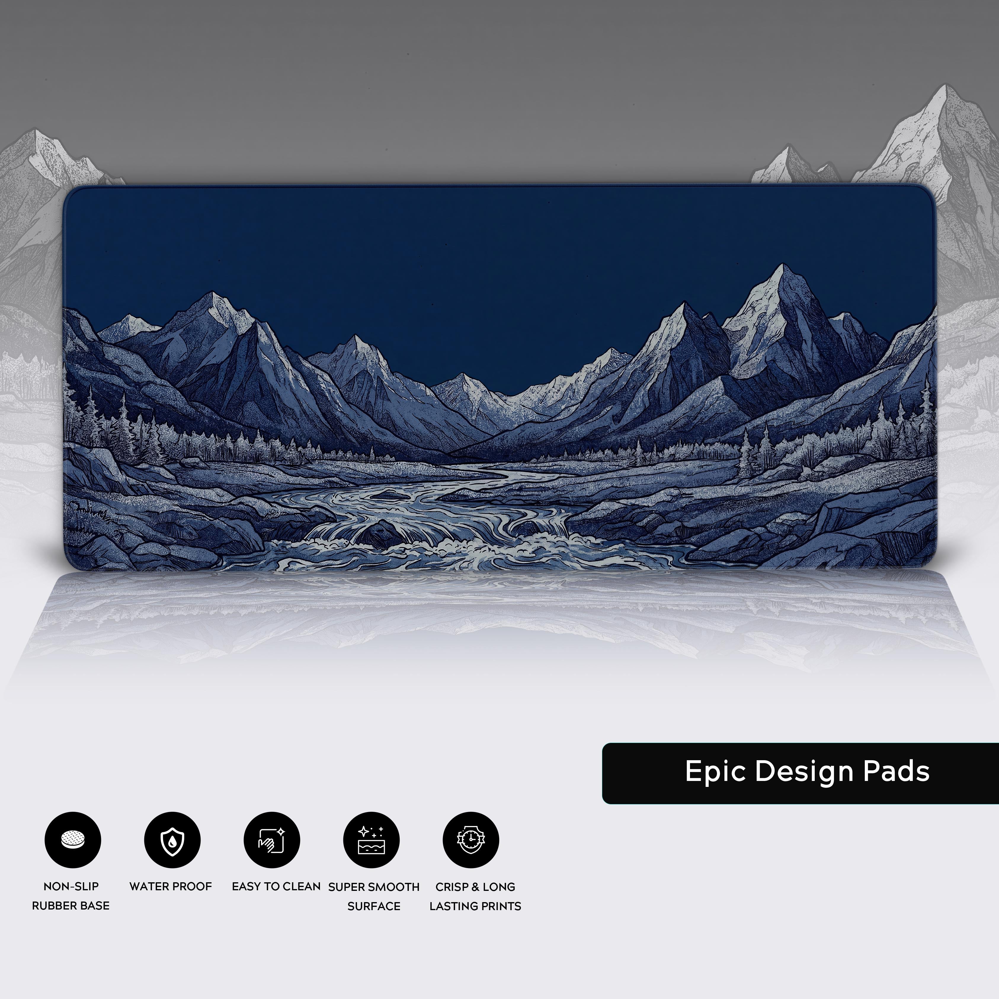 Product features graphic highlighting the non-slip rubber base, waterproof design, and smooth surface of the landscape desk mat.