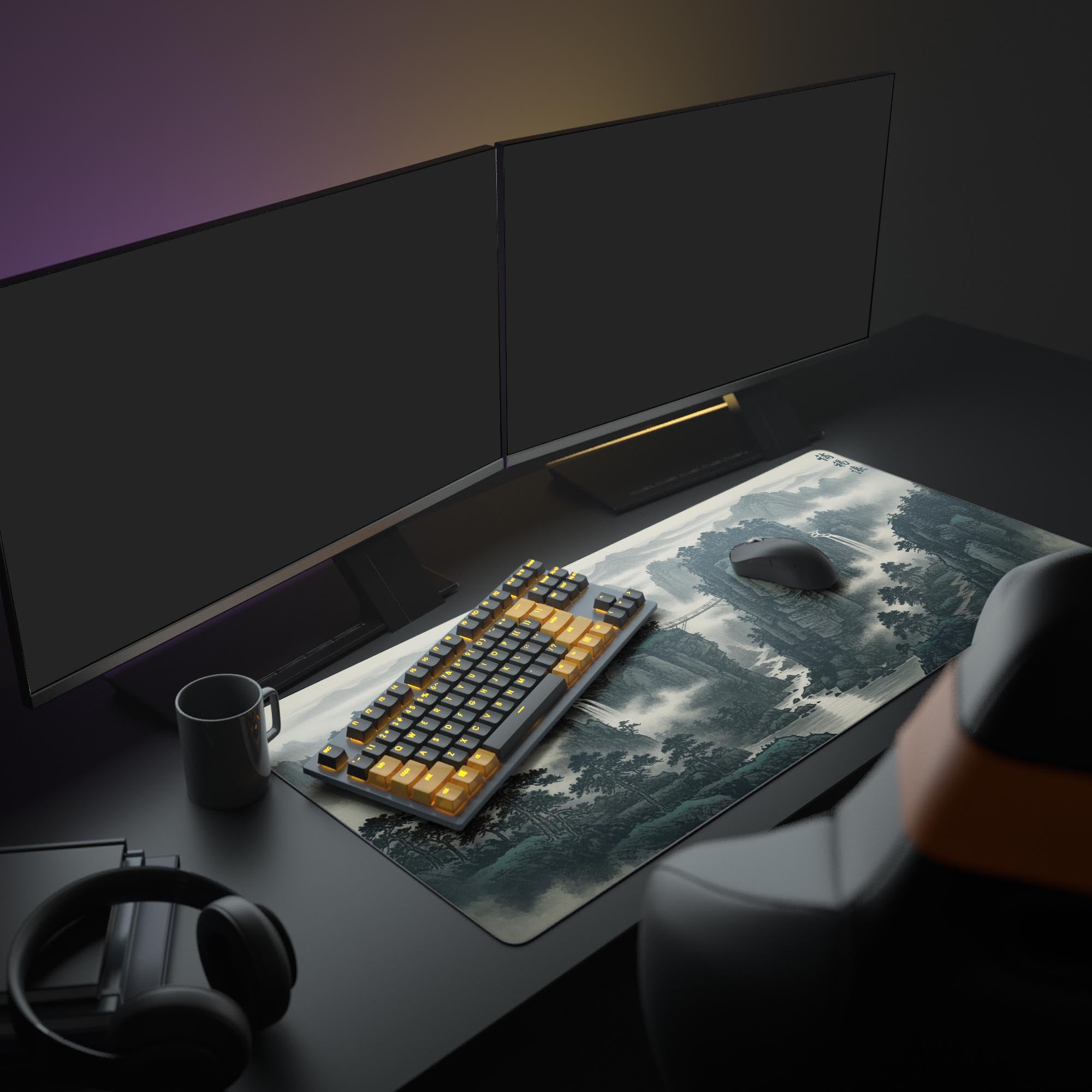 Large Mountain Serenity desk mat in an aesthetic office setup with dual monitors, headphones, and a mechanical keyboard. - Epic Design Pads
