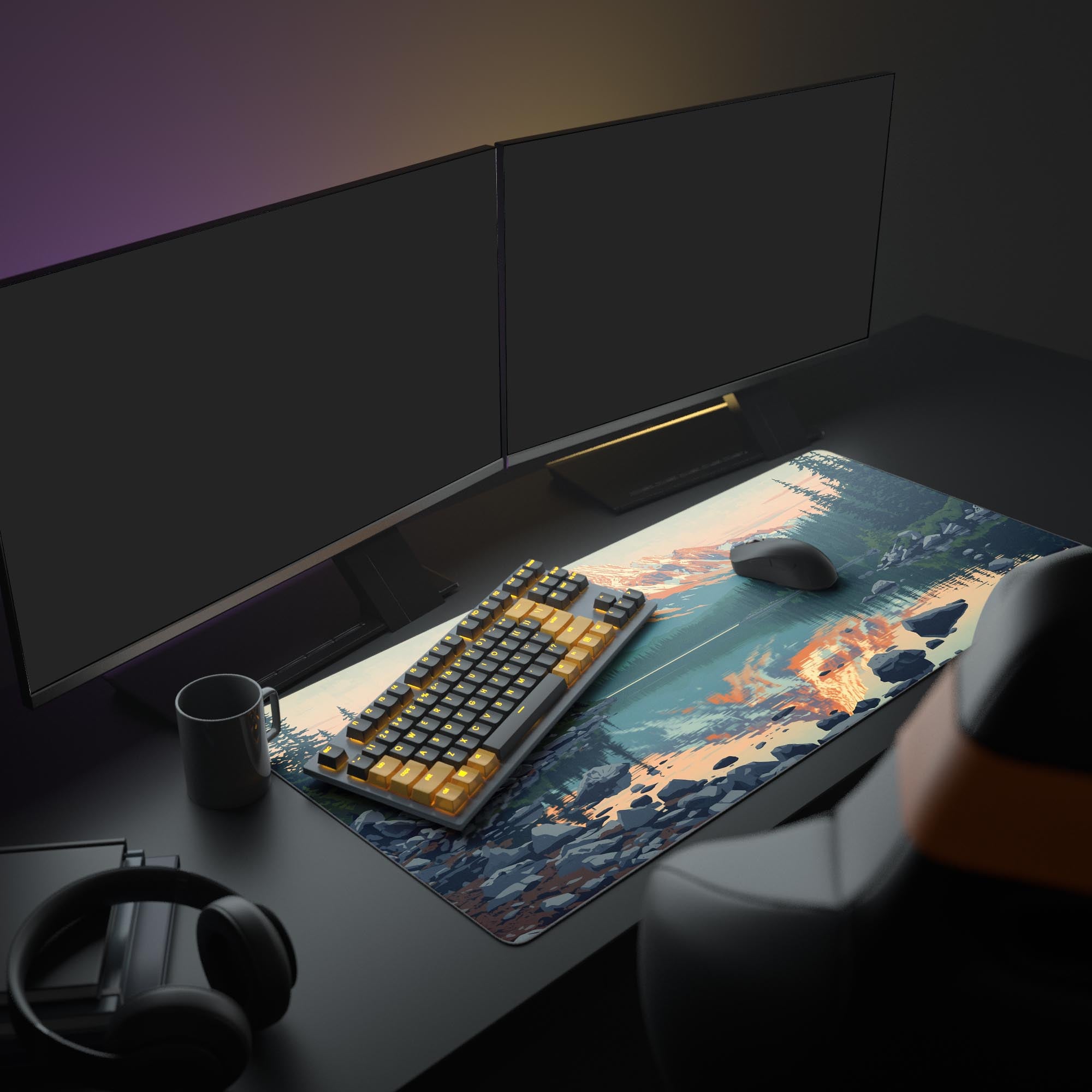 Large Mountain Sunset desk mat featured in an aesthetic office setup with dual monitors, a plant, and headphones. - Epic Design Pads