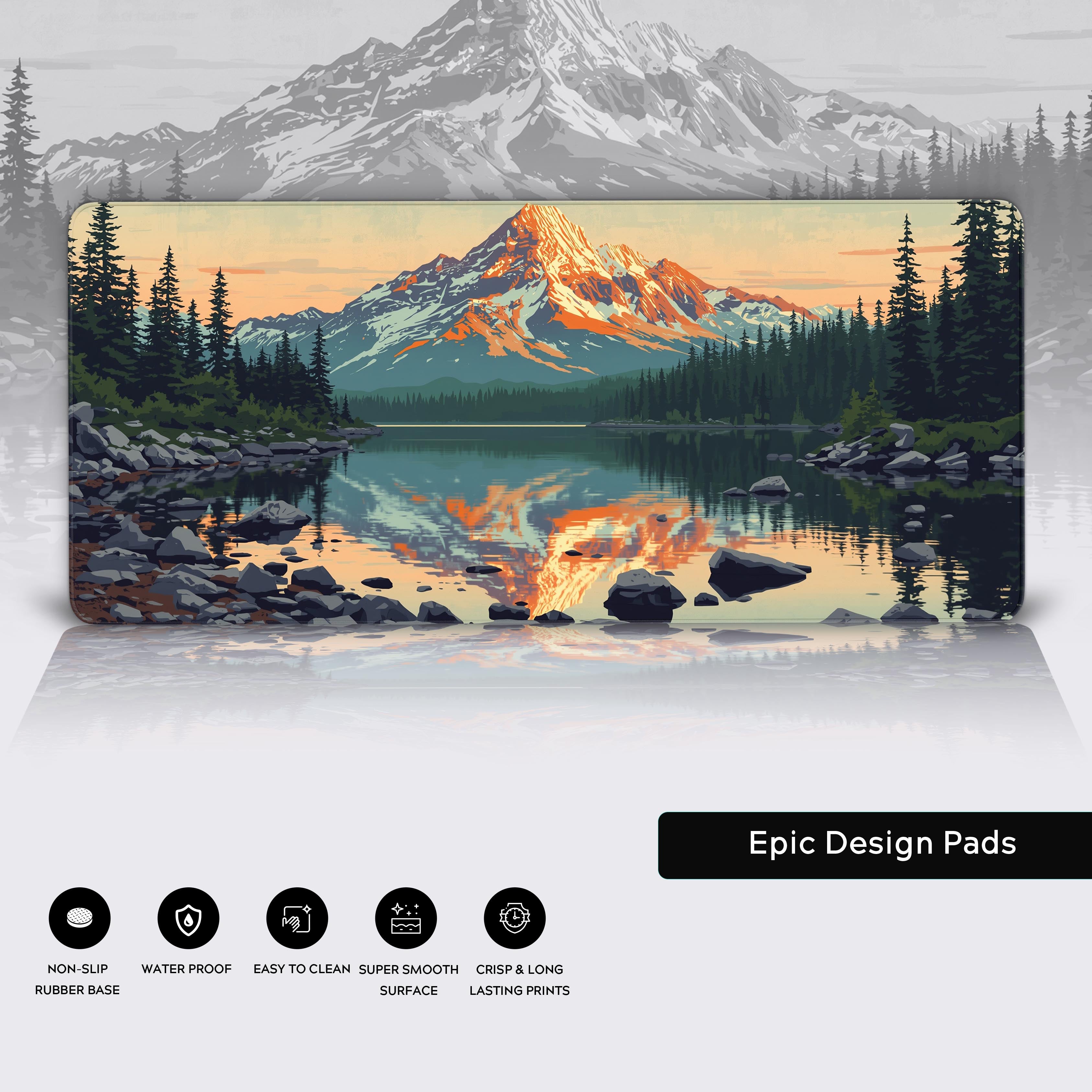 Close-up of the Mountain Sunset desk mat showcasing the high-quality print, stitched edges, and non-slip rubber base. - Epic Design Pads