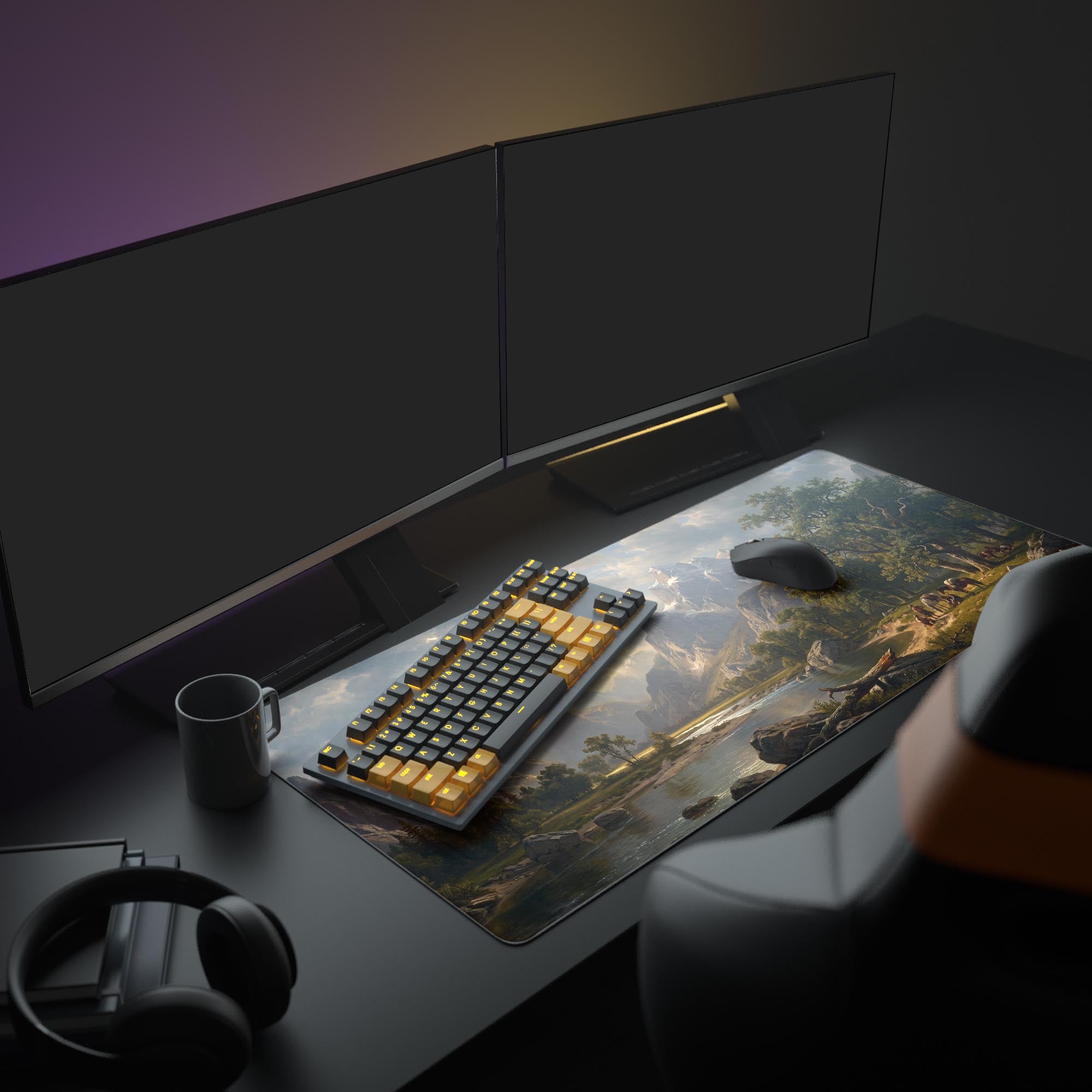 Close-up view of the desk mat artwork showing dramatic sunbeams piercing through clouds over a rugged mountain peak.