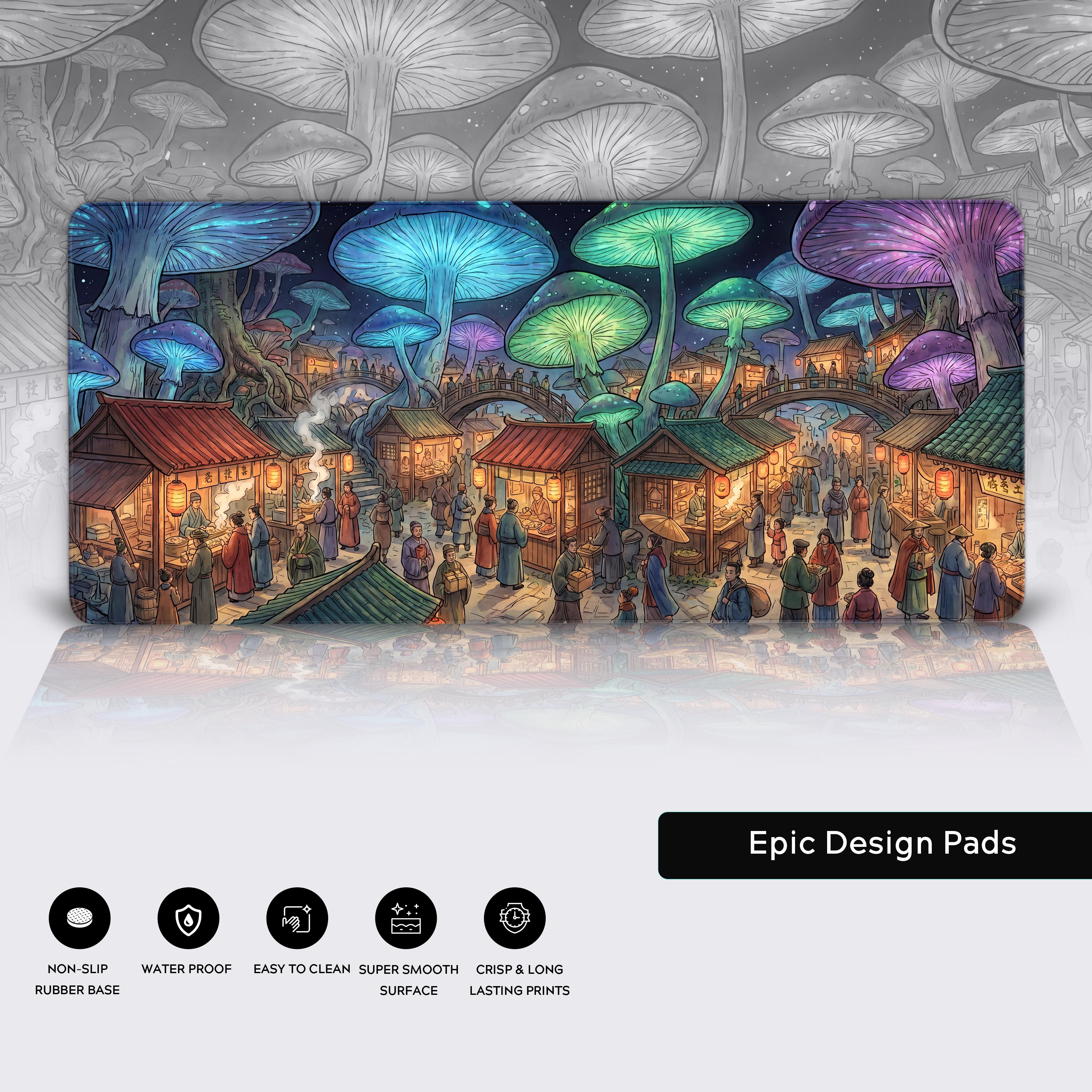 Bustling magical village desk mat flat lay showcasing vibrant teal and purple colors in a complete gaming setup.