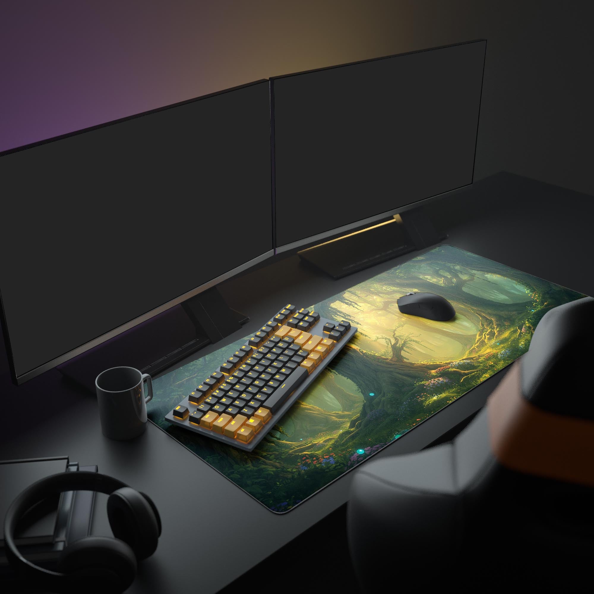 Large Mystic Forest gaming desk mat in a full desk setup with dual monitors, glowing keyboard, and headphones, creating a magical atmosphere. - Epic Design Pads