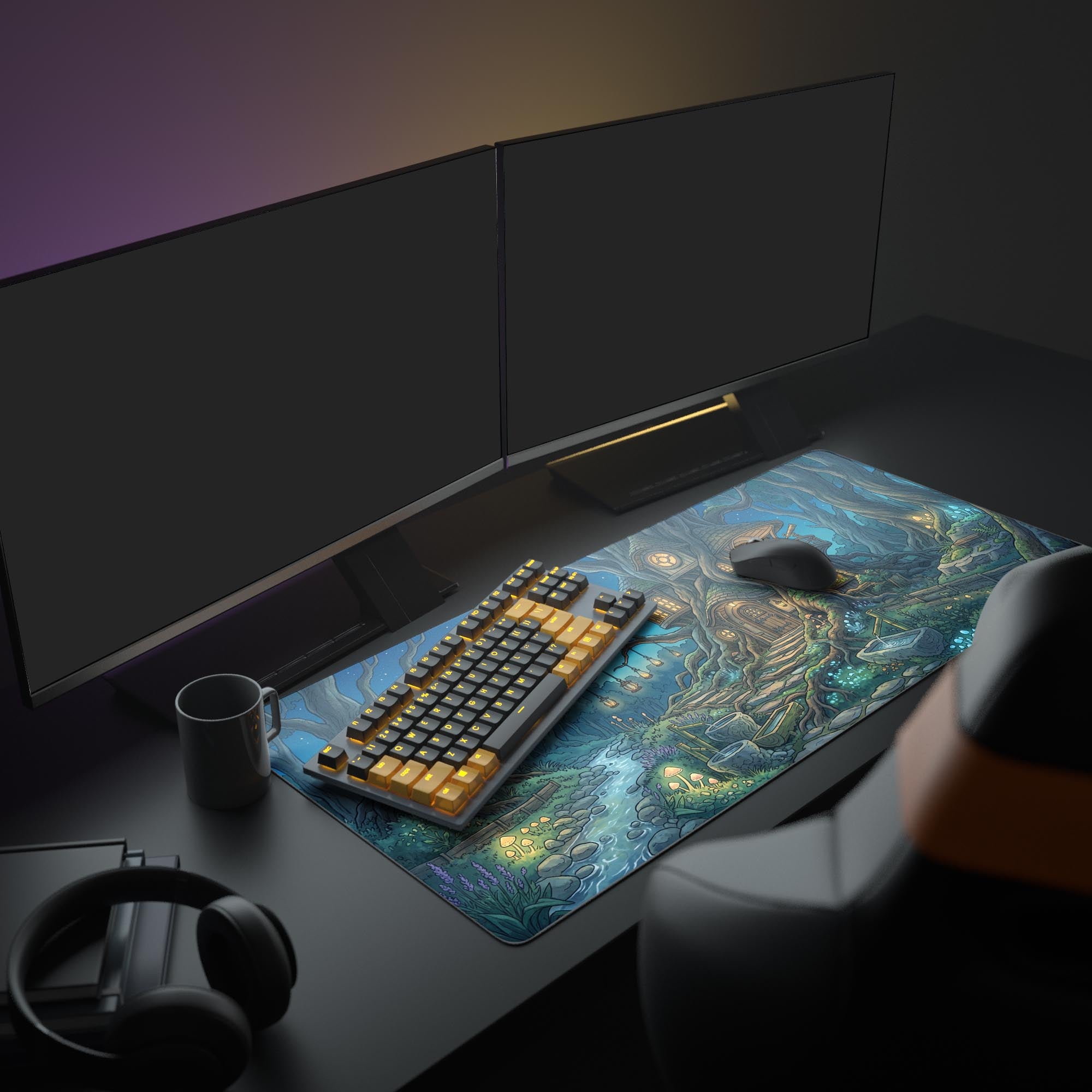A cozy PC setup featuring the Mystic Treehouse mouse pad under a monitor, keyboard, and mouse, enhancing the desk with its magical glowing forest theme. - Epic Design Pads & Mousepads
