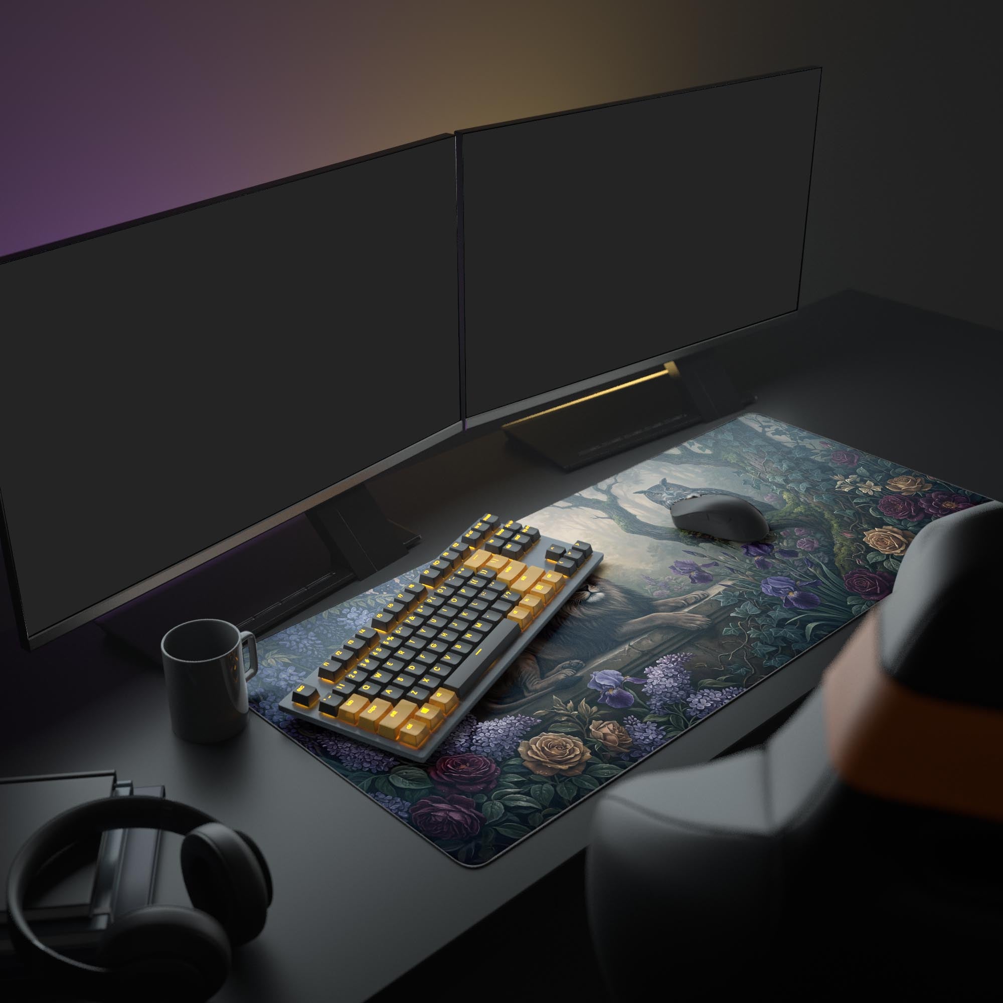 A full PC setup featuring the Mystic Wardens XL mouse pad, where the dark fantasy lion and owl design complements an illuminated monitor and keyboard. - Epic Design Pads & Mousepads