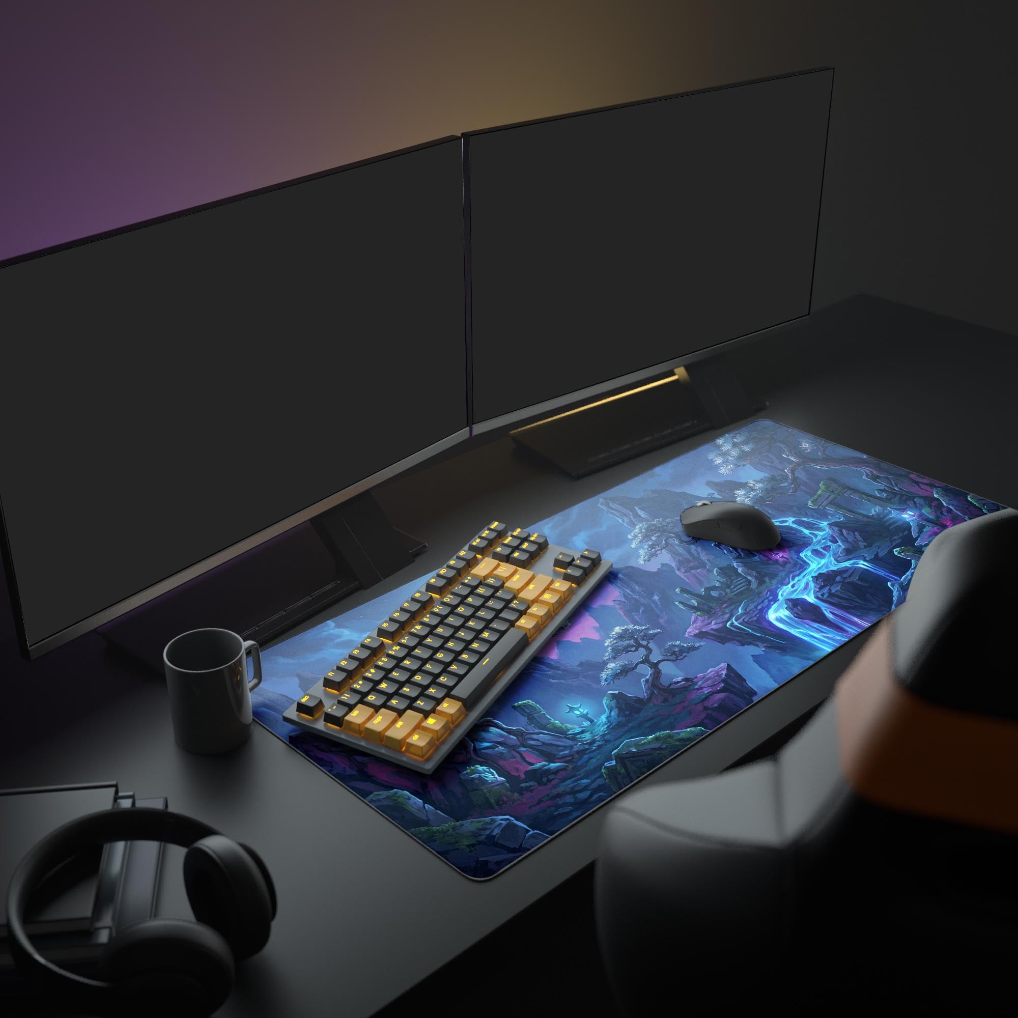 Close-up of luminescent blue water cascading over rocks with mystical bonsai trees on a gaming mouse pad.