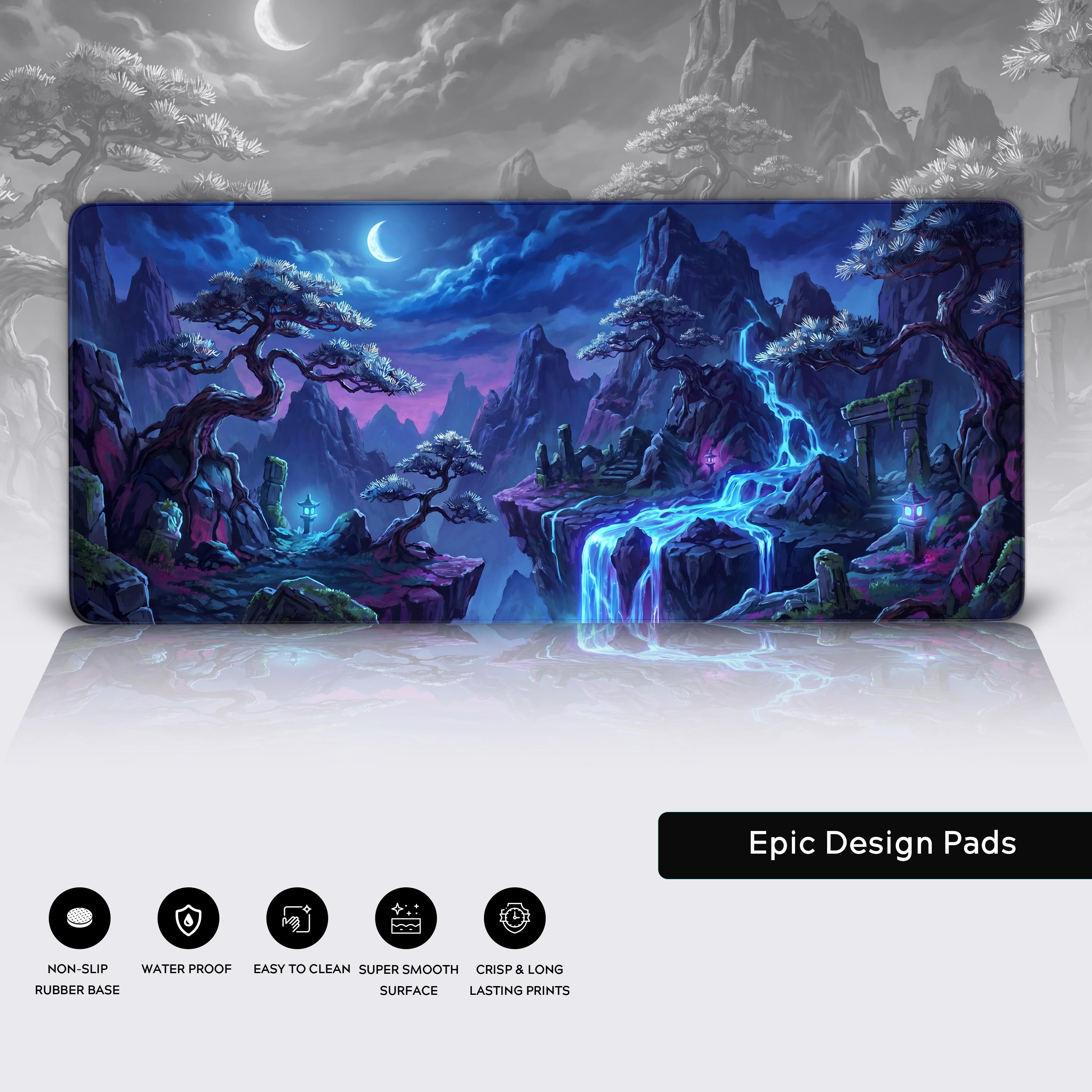 Product features of the fantasy desk mat including waterproof, non-slip base, and smooth surface icons.