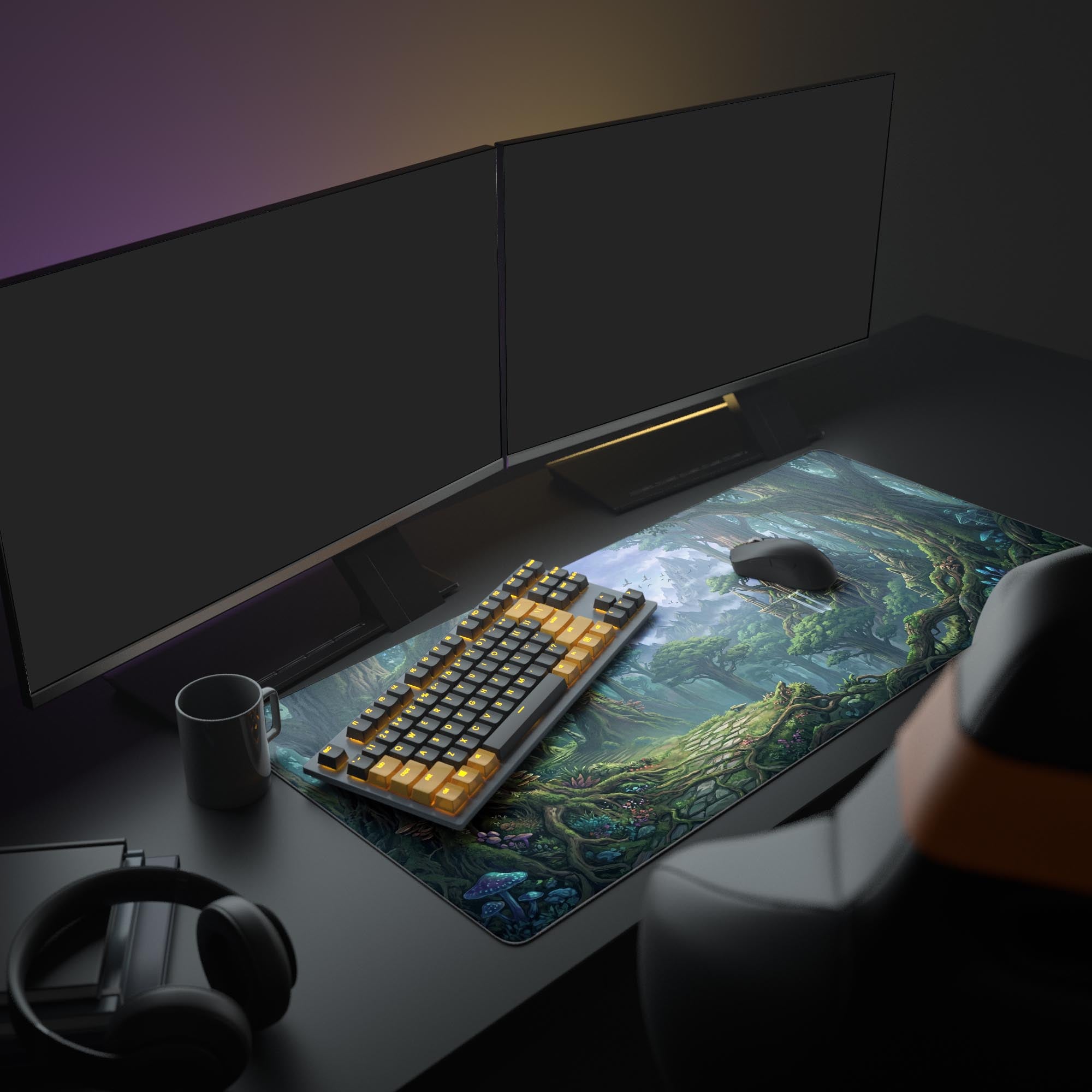 A full gaming PC setup featuring the Mystic Woodlands mouse pad, its fantasy landscape art enhancing the aesthetic of the glowing keyboard and multiple monitors. - Epic Design Pads & Mousepads