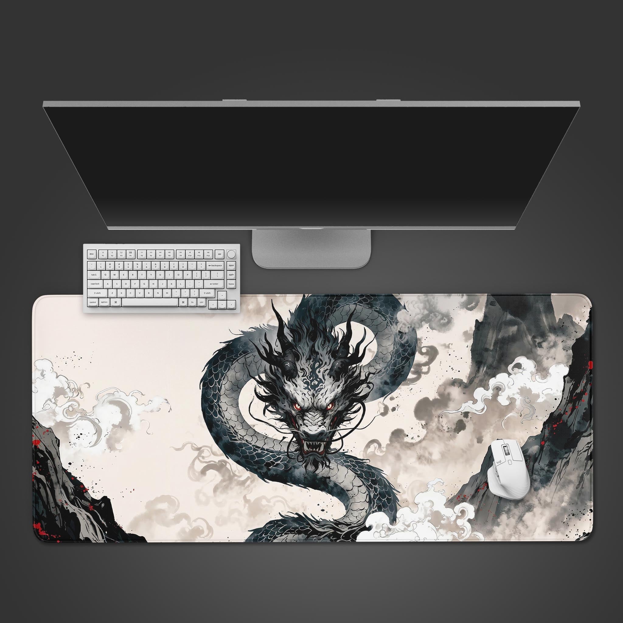 Mythic Guardian dragon desk mat in crimson and teal, shown from a top-down view on a desk with a gaming keyboard and mouse. - Epic Design Pads & Mousepads