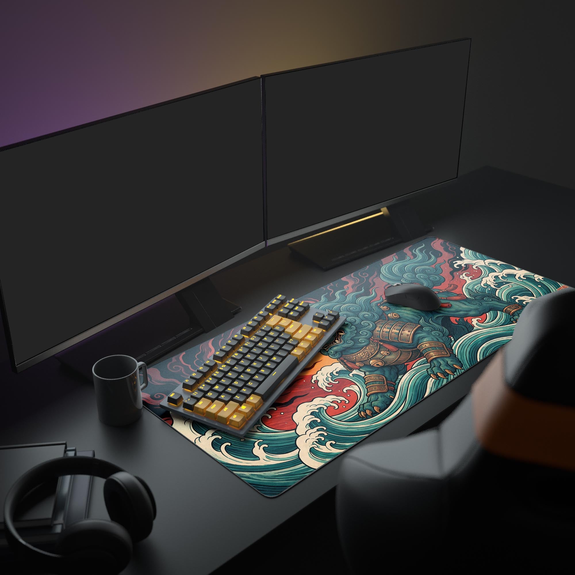 A stylish PC setup featuring the Mythic Komainu gaming desk mat. The Japanese art of a guardian lion and waves complements the glowing keyboard, mouse, and dual monitors. - Epic Design Pads & Mousepads