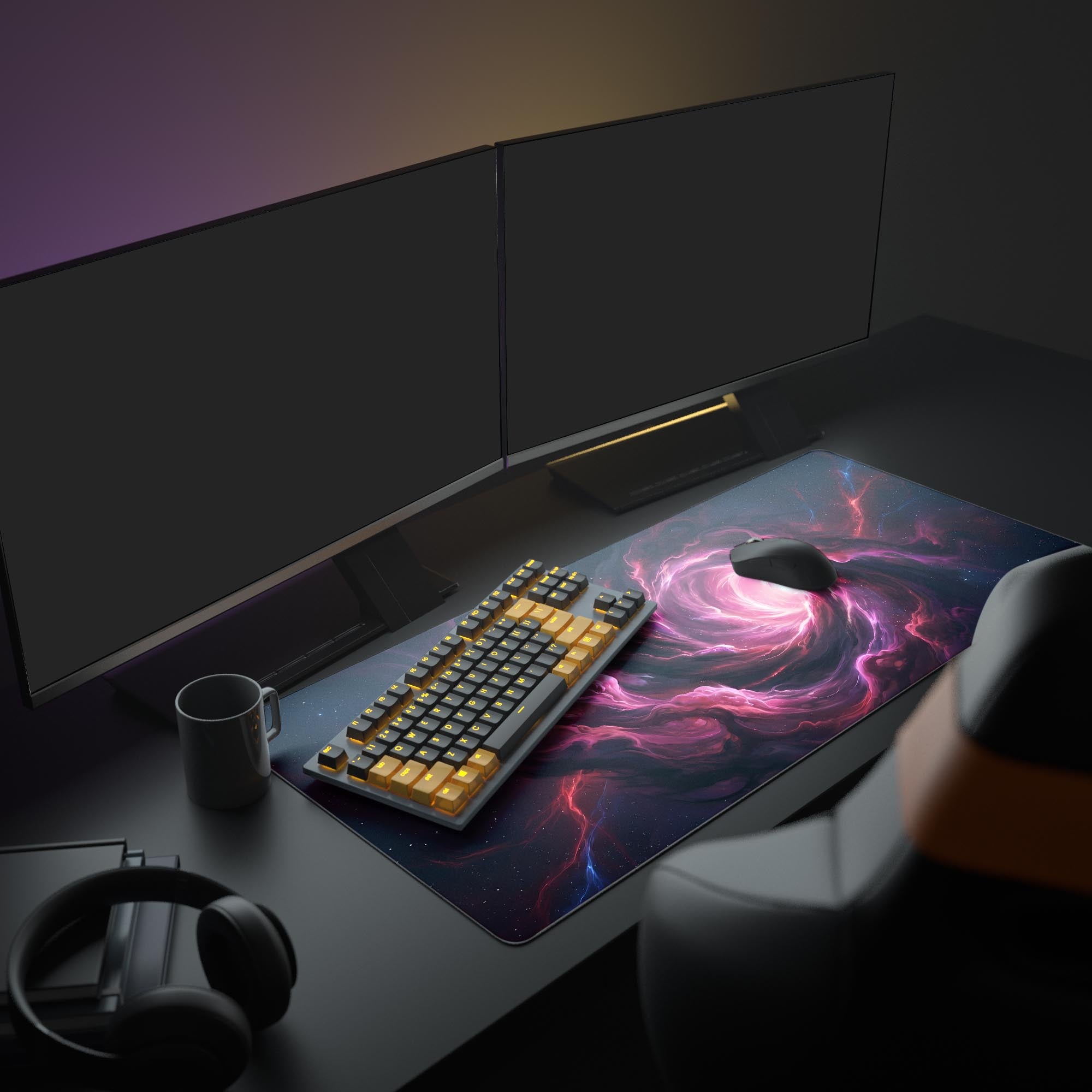 A full PC gaming setup featuring the Nebula Core extended mouse pad, which anchors a glowing keyboard, ergonomic mouse, and large monitor, creating a dynamic space-themed battlestation. - Epic Design Pads & Mousepads