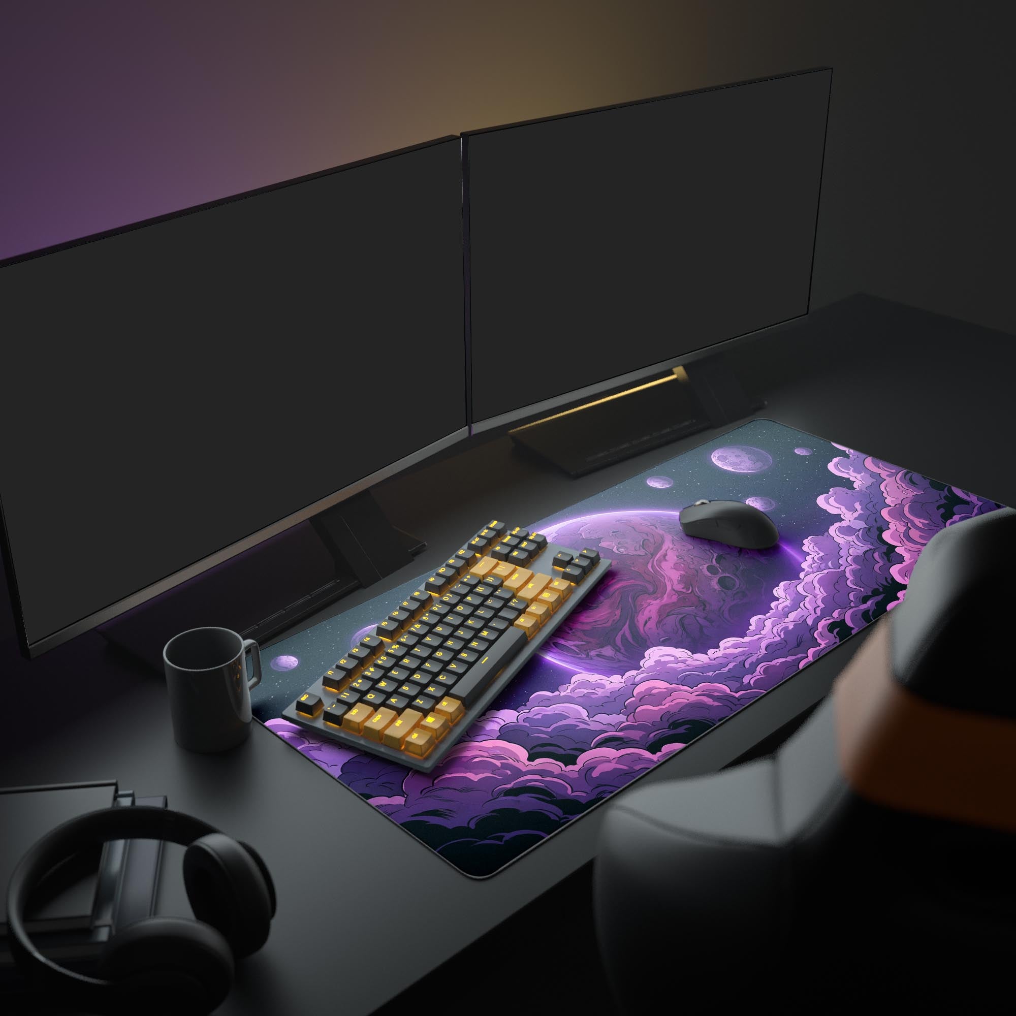 A full gaming PC setup showcasing the Nebula Core mouse pad, which displays a vibrant cosmic planet scene under a monitor and keyboard. - Epic Design Pads & Mousepads