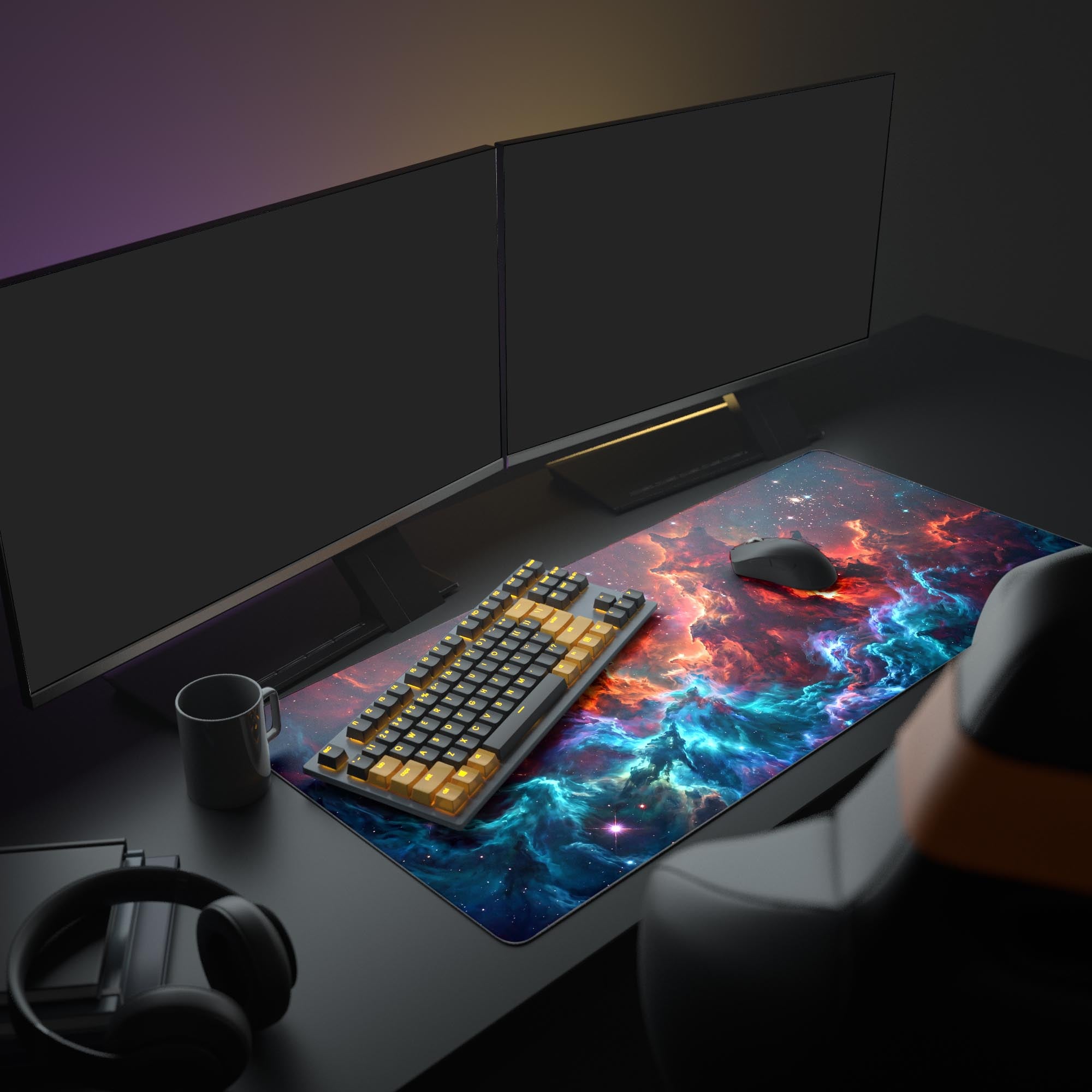 Close-up of the deep space galaxy design on a smooth gaming mouse pad