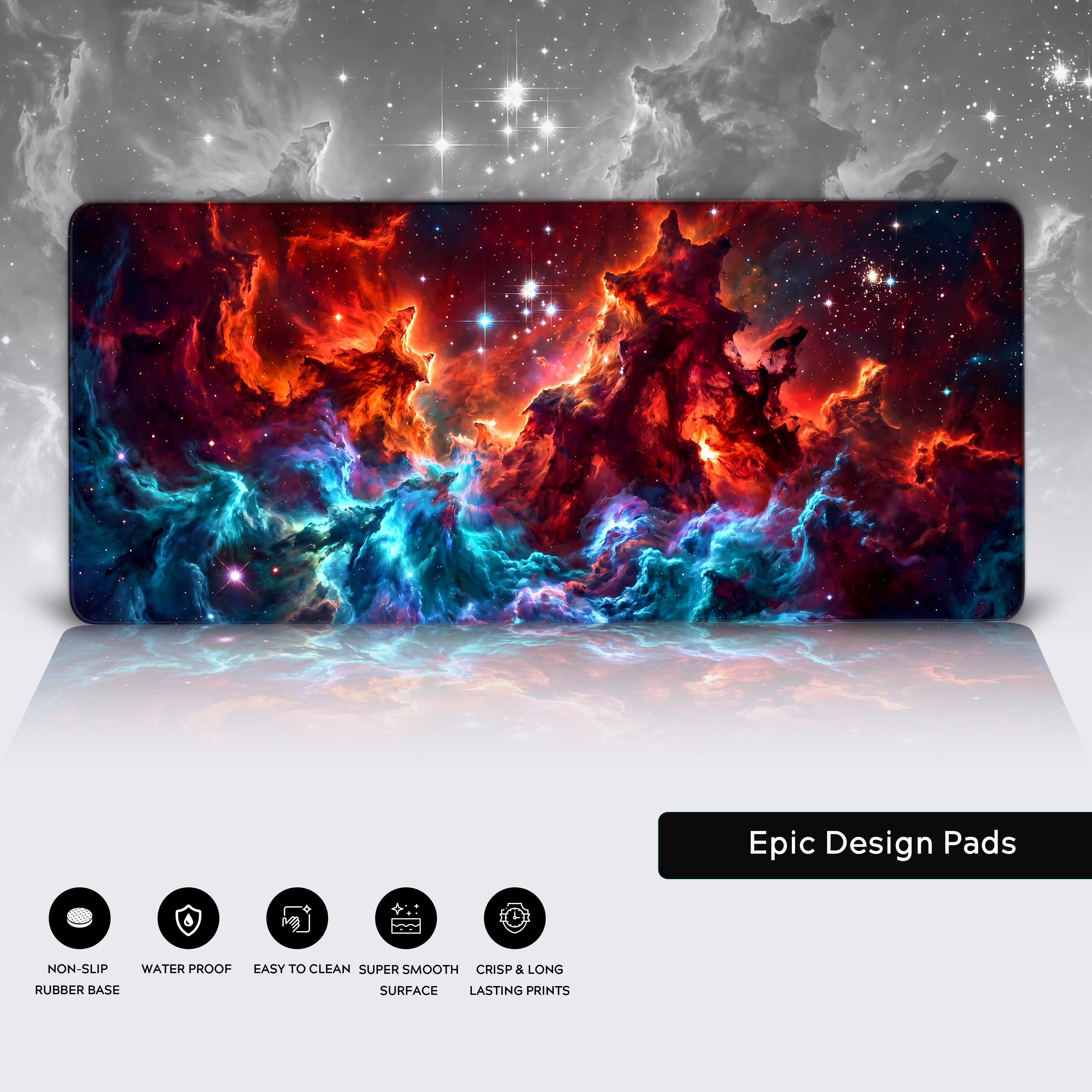 Epic sci-fi space aesthetic gaming desk setup with nebula mat
