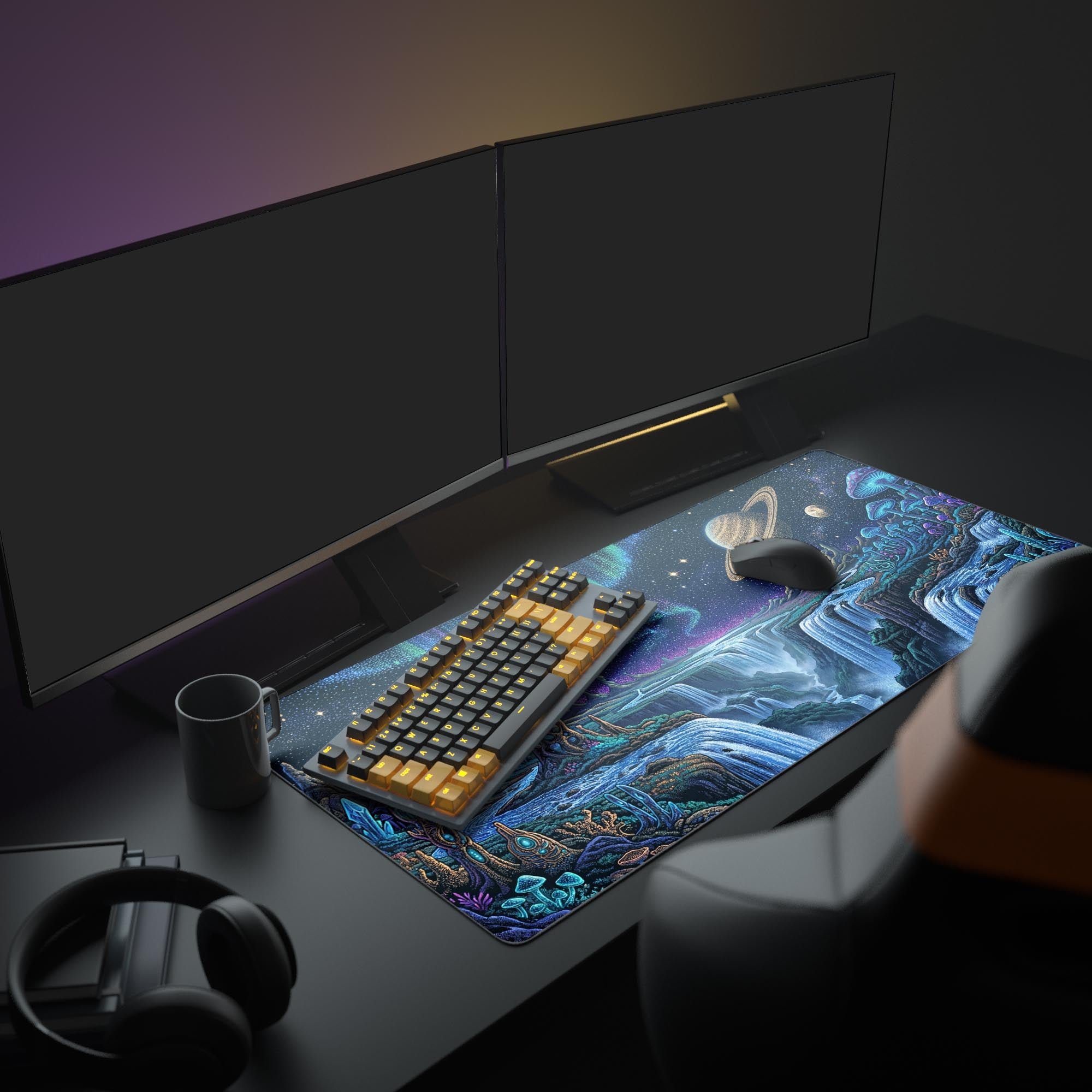 The Nebula Dreams desk mat enhances a full PC gaming setup, its vibrant sci-fi landscape unifying monitors, a keyboard, and a mouse for an immersive experience. - Epic Design Pads & Mousepads