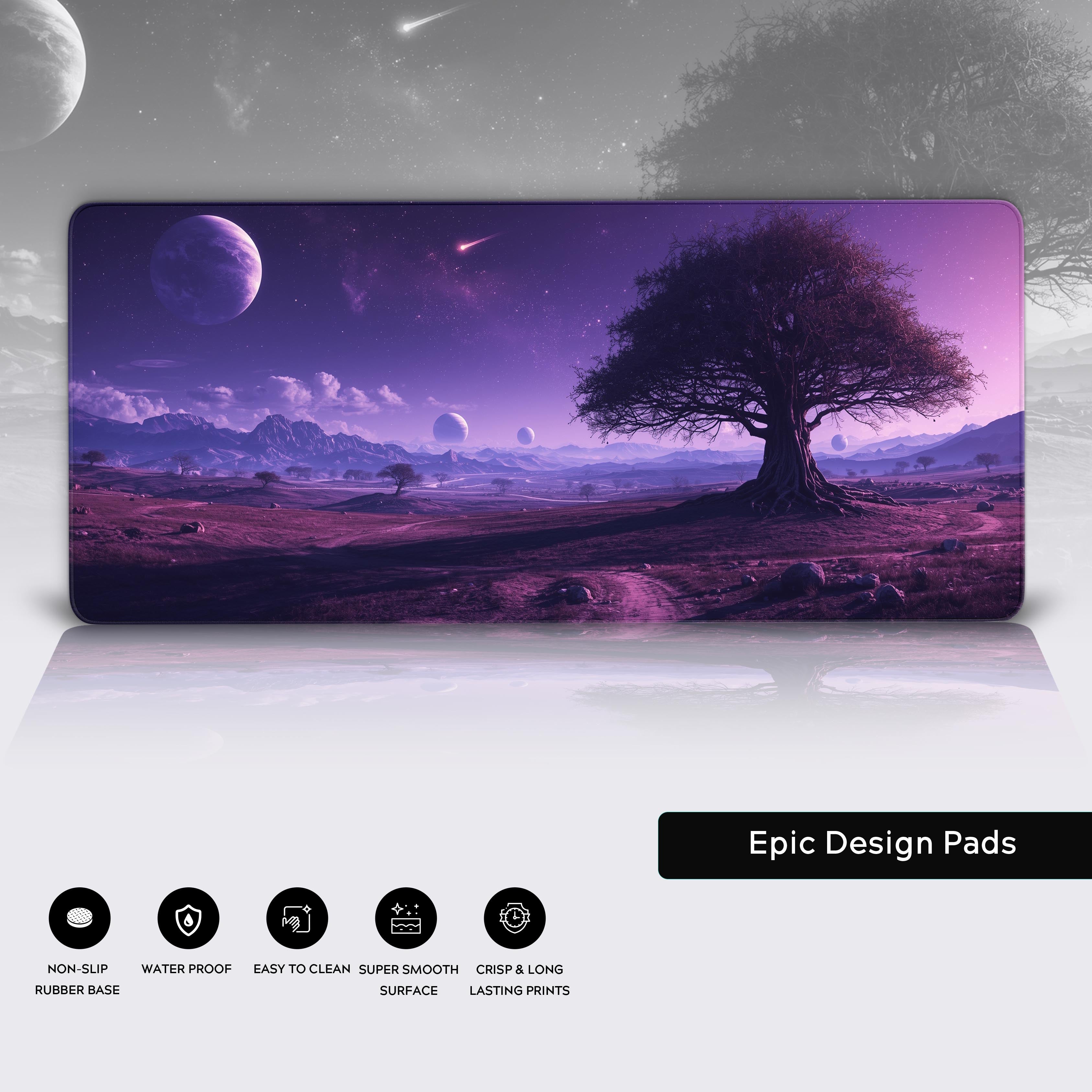 Purple cosmic tree desk mat showing its durable stitched edges, waterproof surface, and non-slip rubber base. - Epic Design Pads