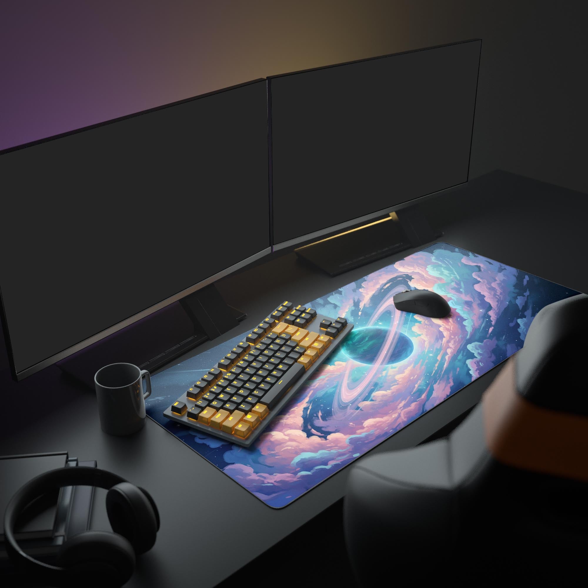Large Nebula Vista desk mat in a complete gaming setup featuring dual monitors, headphones, and a mechanical keyboard for a cosmic aesthetic. - Epic Design Pads