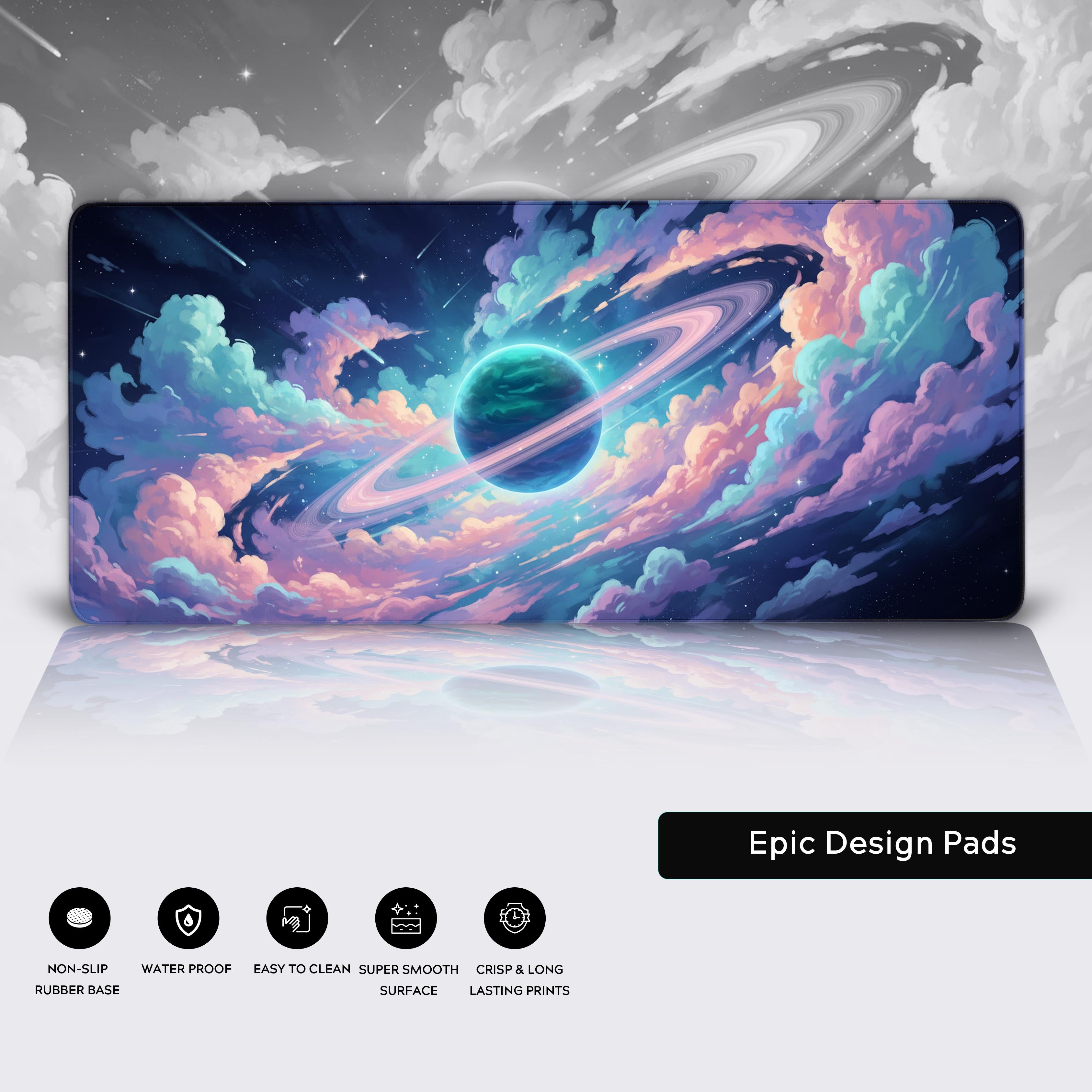 Close-up of the Nebula Vista desk mat highlighting its premium stitched edges, waterproof surface, and non-slip rubber base. - Epic Design Pads