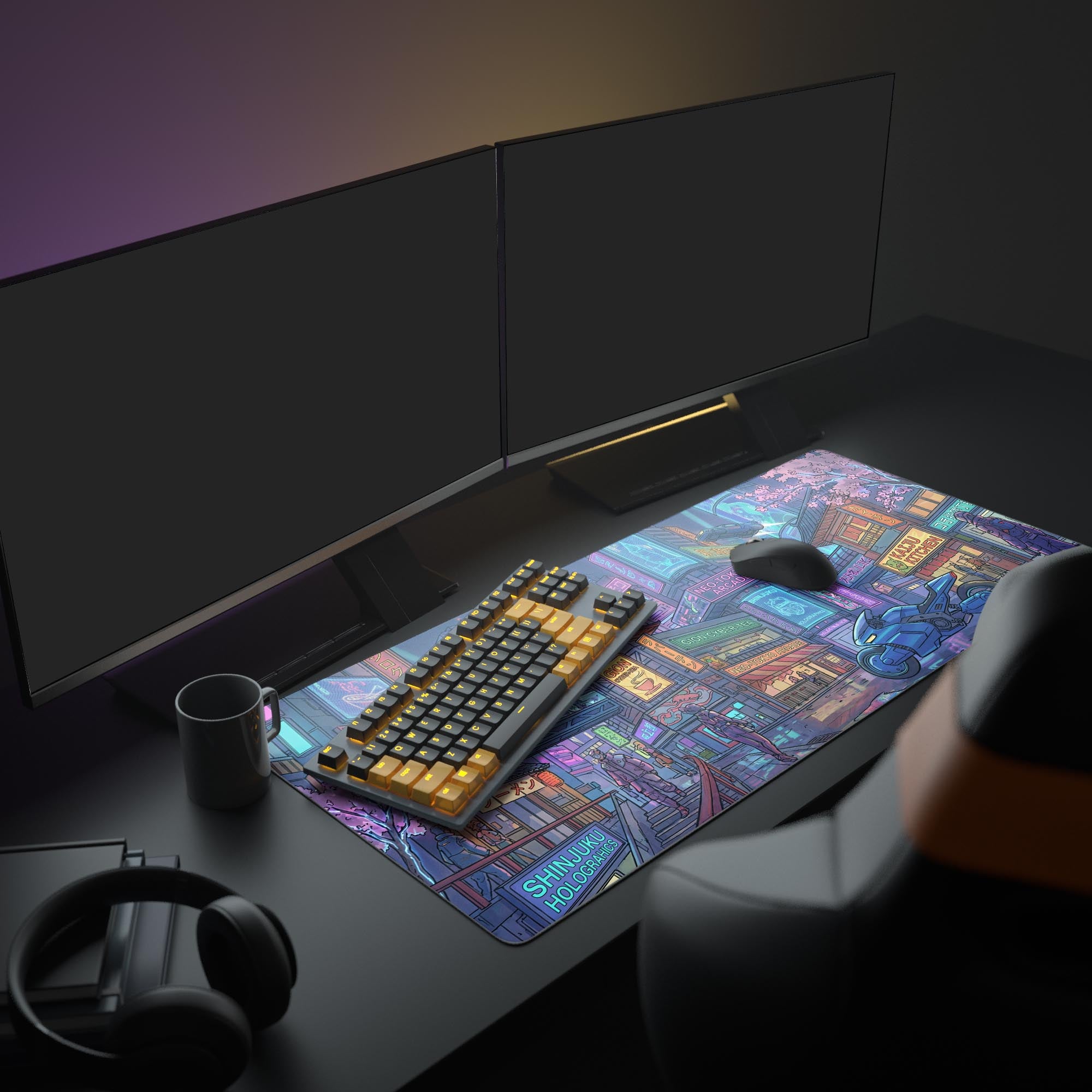 Large Neo Tokyo gaming mouse pad shown in a complete gaming setup with dual monitors, a mechanical keyboard, and headphones. The cyberpunk city design enhances the setup's aesthetic. - Epic Design Pads & Mousepads