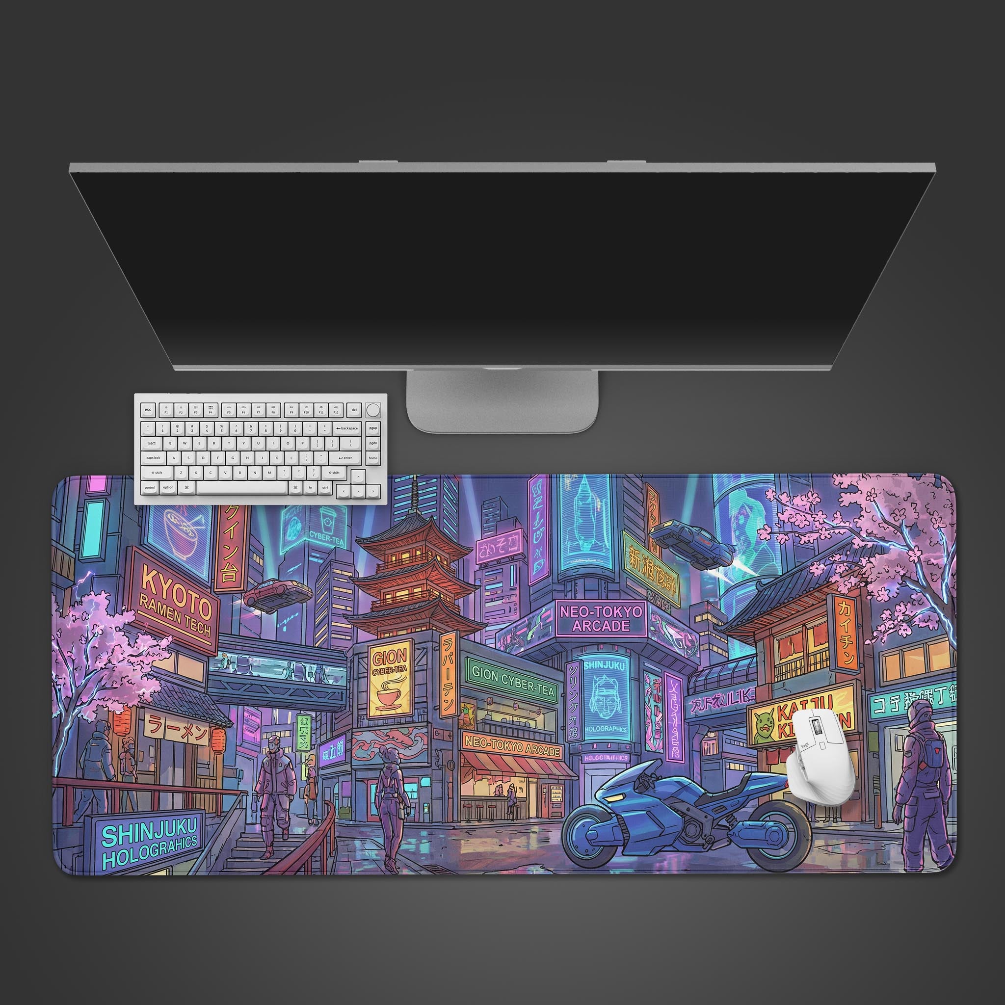 Neo Tokyo desk mat with a neon cyberpunk Japanese cityscape. Top-down view on a desk with a glowing keyboard and mouse, highlighting the vibrant pink and purple colors. - Epic Design Pads & Mousepads