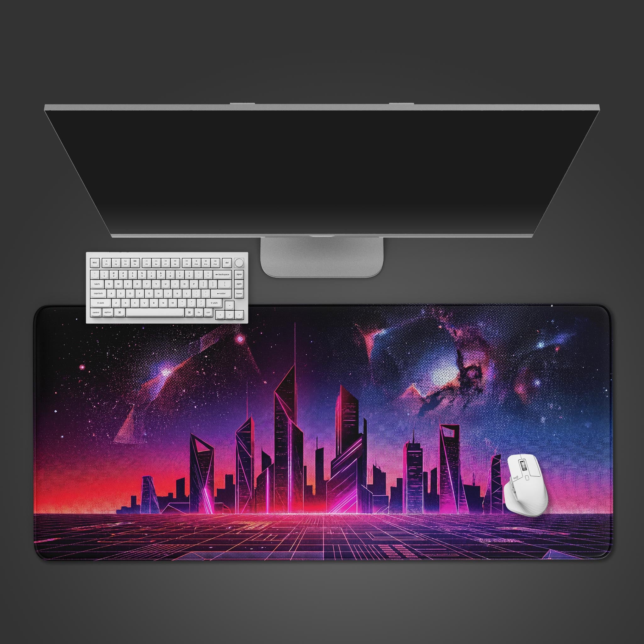 Synthwave neon cityscape desk mat featuring a retro digital grid and starry galaxy sky