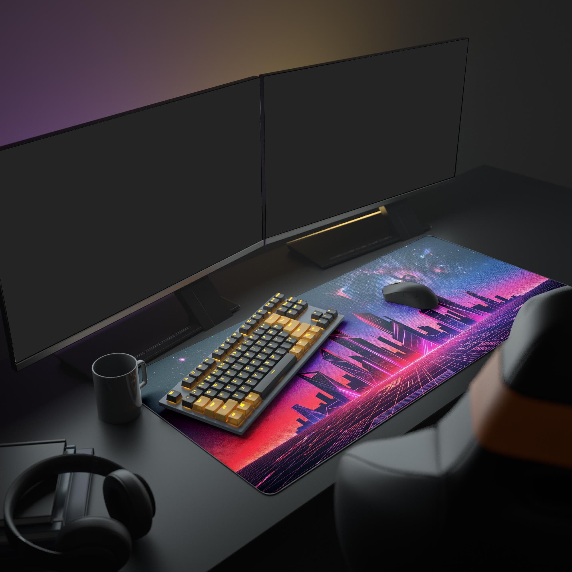 Close up of the vibrant purple and pink neon skyscrapers on the gaming mouse pad