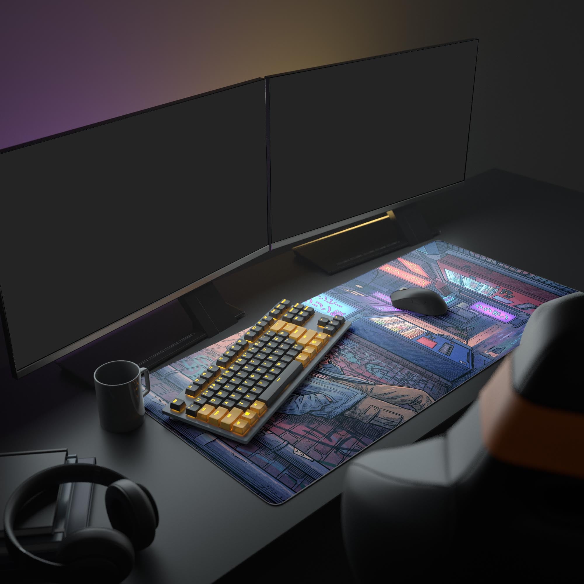 Large Neon Coffee Break gaming desk mat in a cozy desk setup with dual monitors, headphones, and a mechanical keyboard. - Epic Design Pads & Mousepads