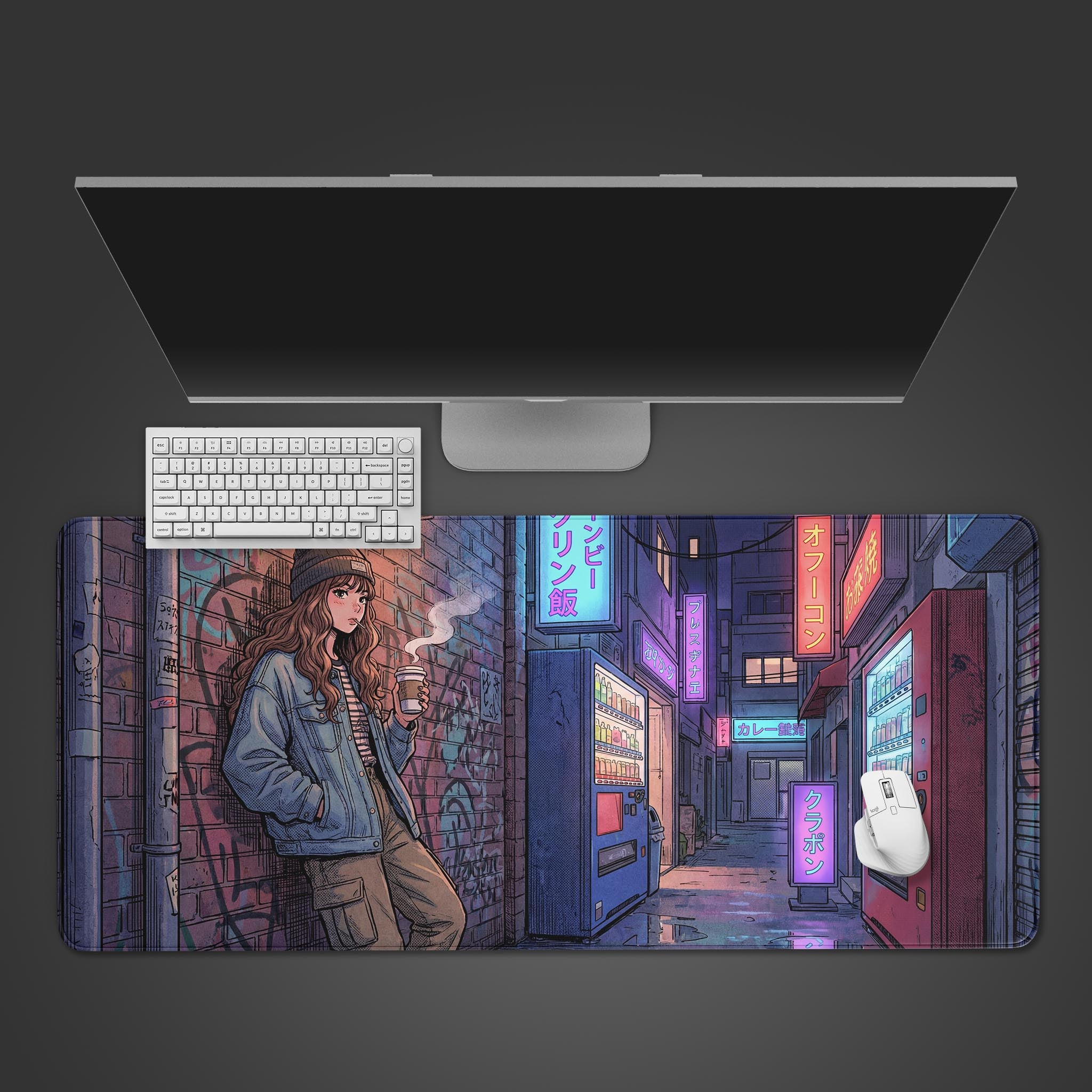 Neon Coffee Break gaming desk mat showing a lo-fi anime girl in a Tokyo alley. Top-down desktop view with a keyboard and mouse. - Epic Design Pads & Mousepads