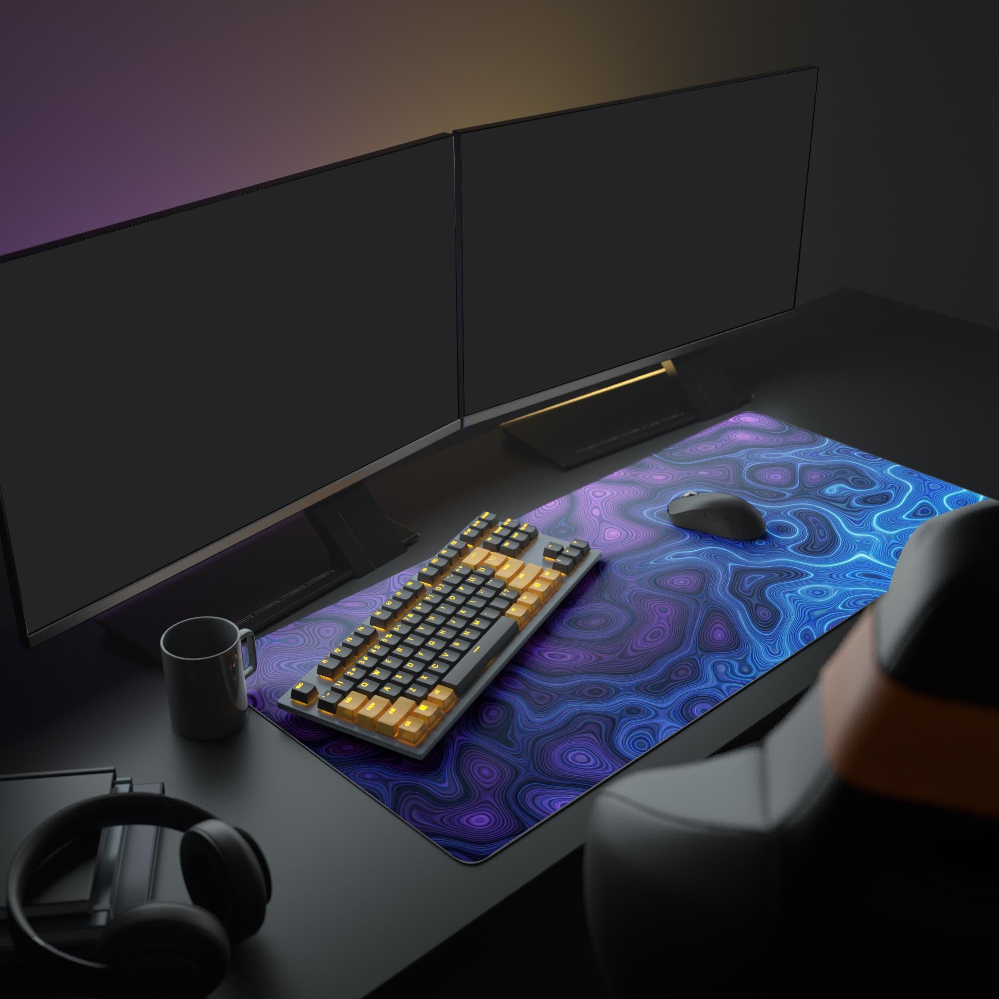 A full gaming setup showcasing the Neon Damascus desk mat, its vibrant cyberpunk design unifying the space between glowing monitors and a mechanical keyboard and mouse. - Epic Design Pads & Mousepads