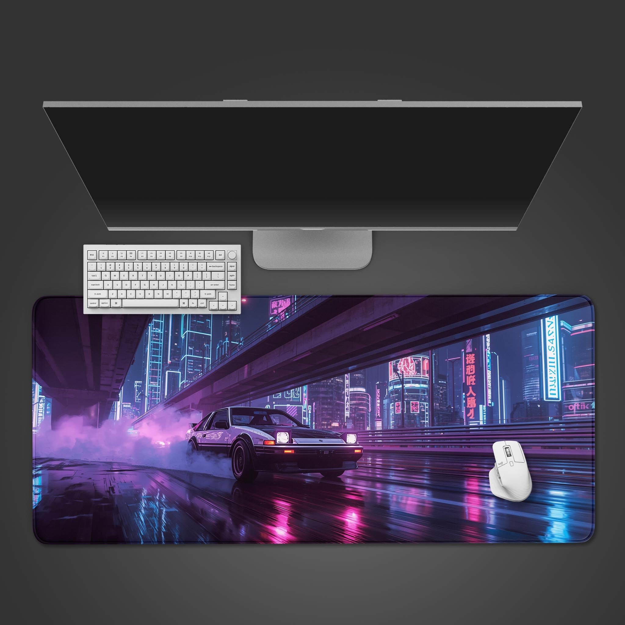 Cyberpunk desk mat design featuring Toyota AE86 car – desktop view with keyboard and mouse. - Epic Design Pads